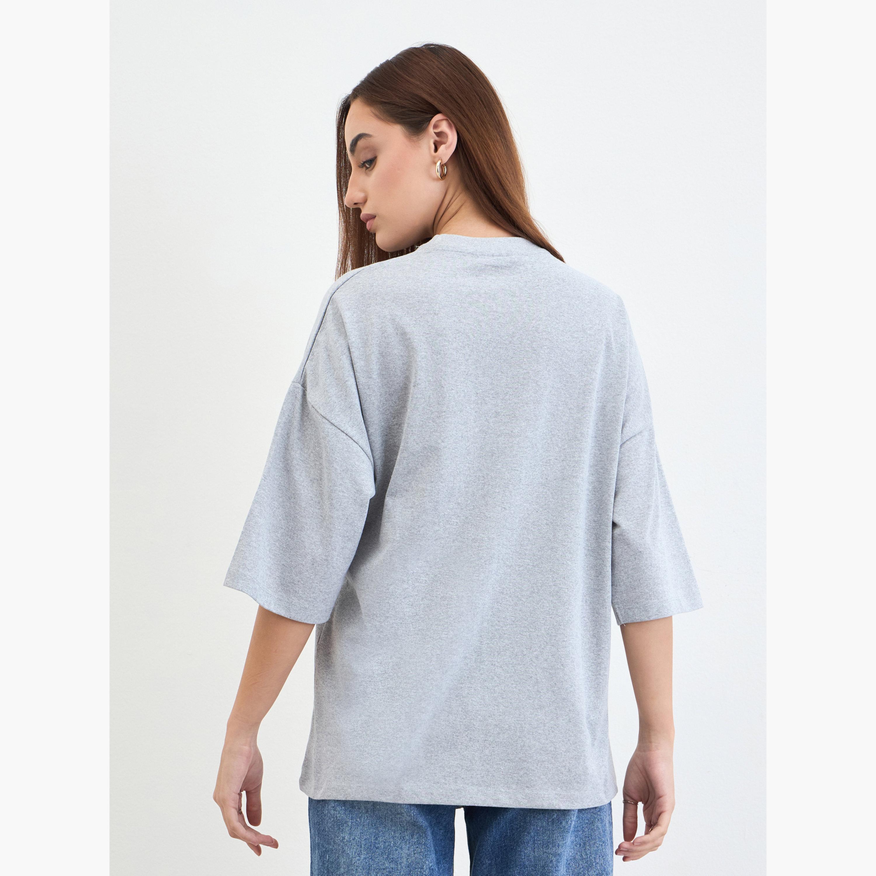 Styli Grey Oversized Slogan Print T-Shirt-women-clothing-tshirts-image-5