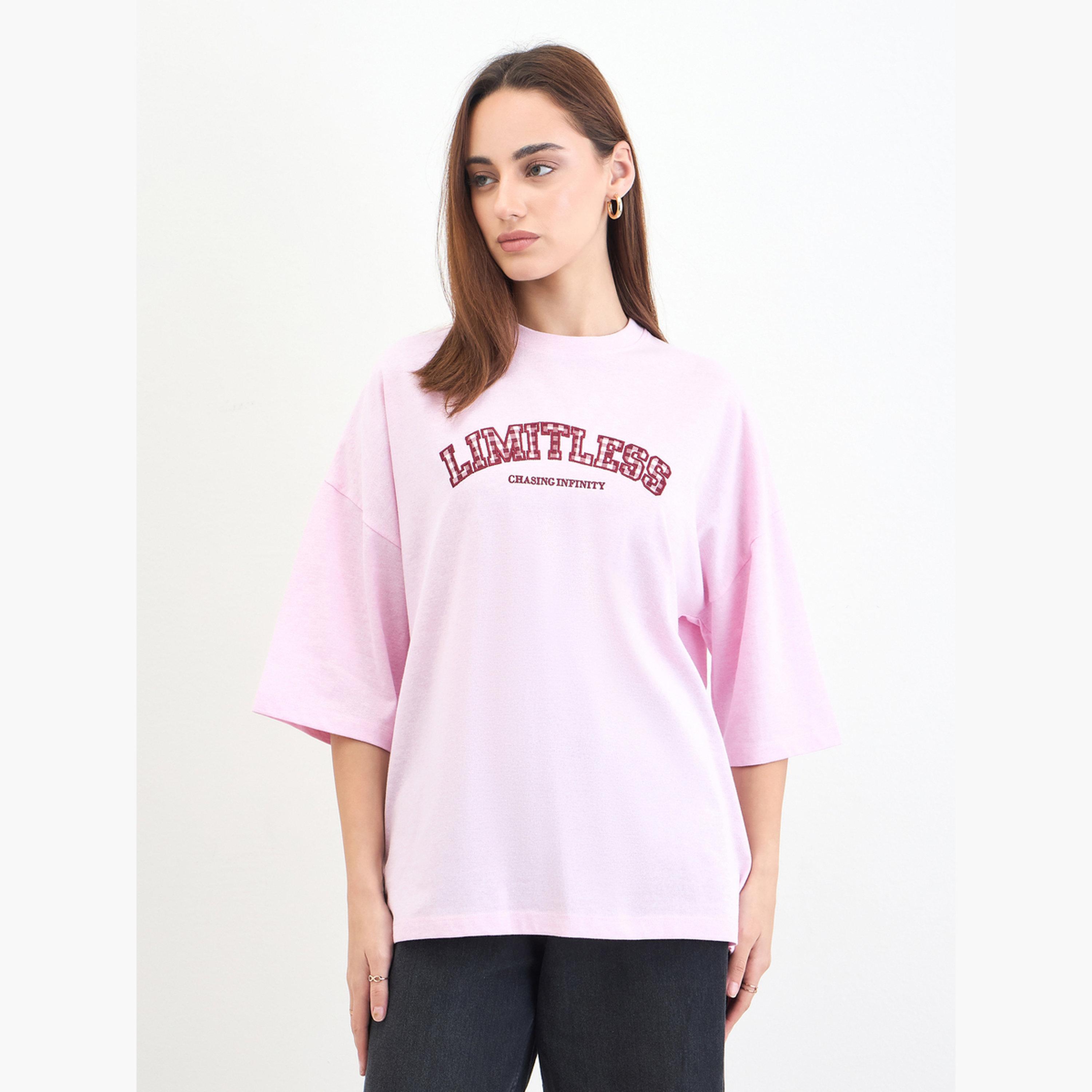 Styli Pink Oversized Slogan Print T-Shirt-women-clothing-tshirts-image-1