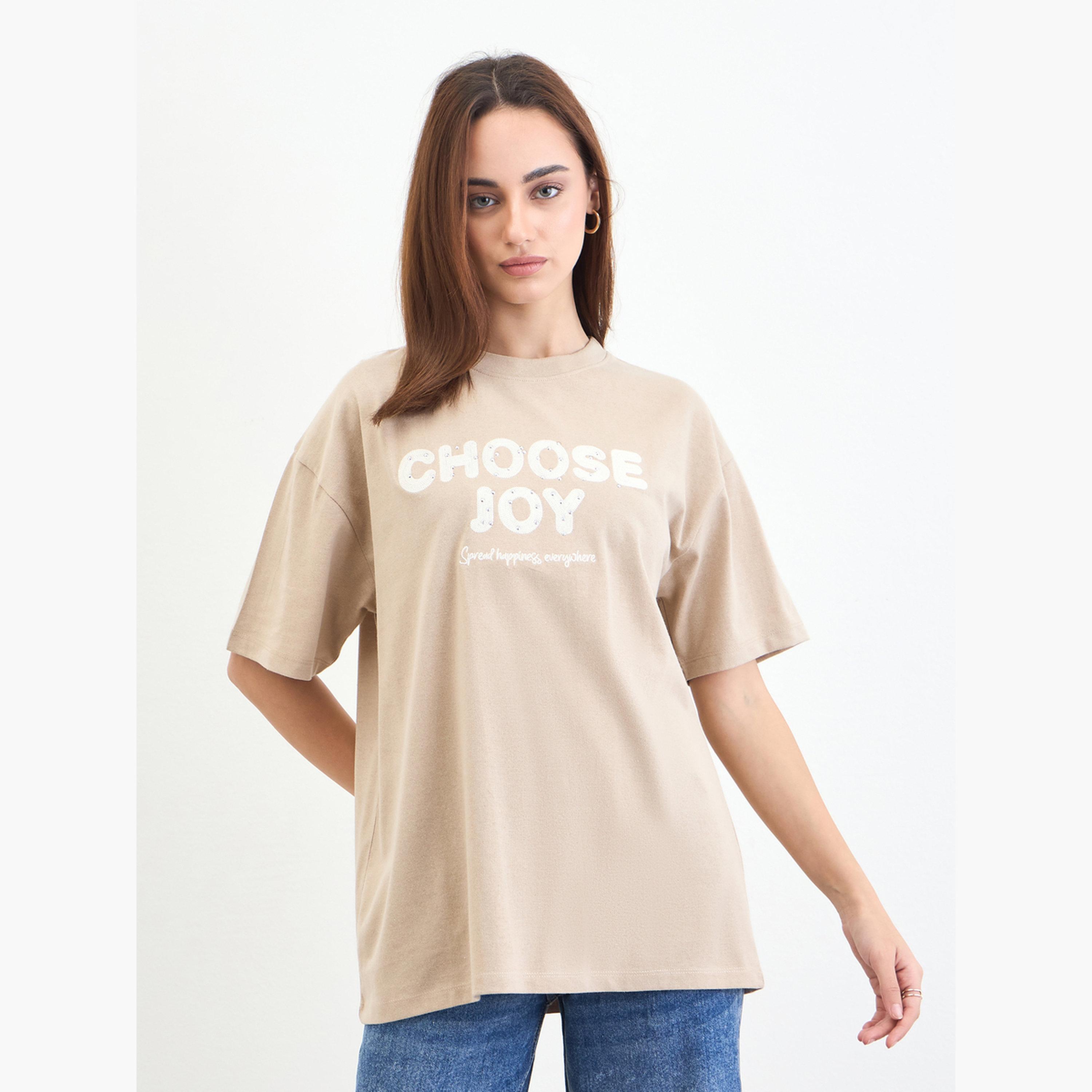 Styli Beige Slogan Print Embellished Oversized T-Shirt-women-clothing-tshirts-image-1