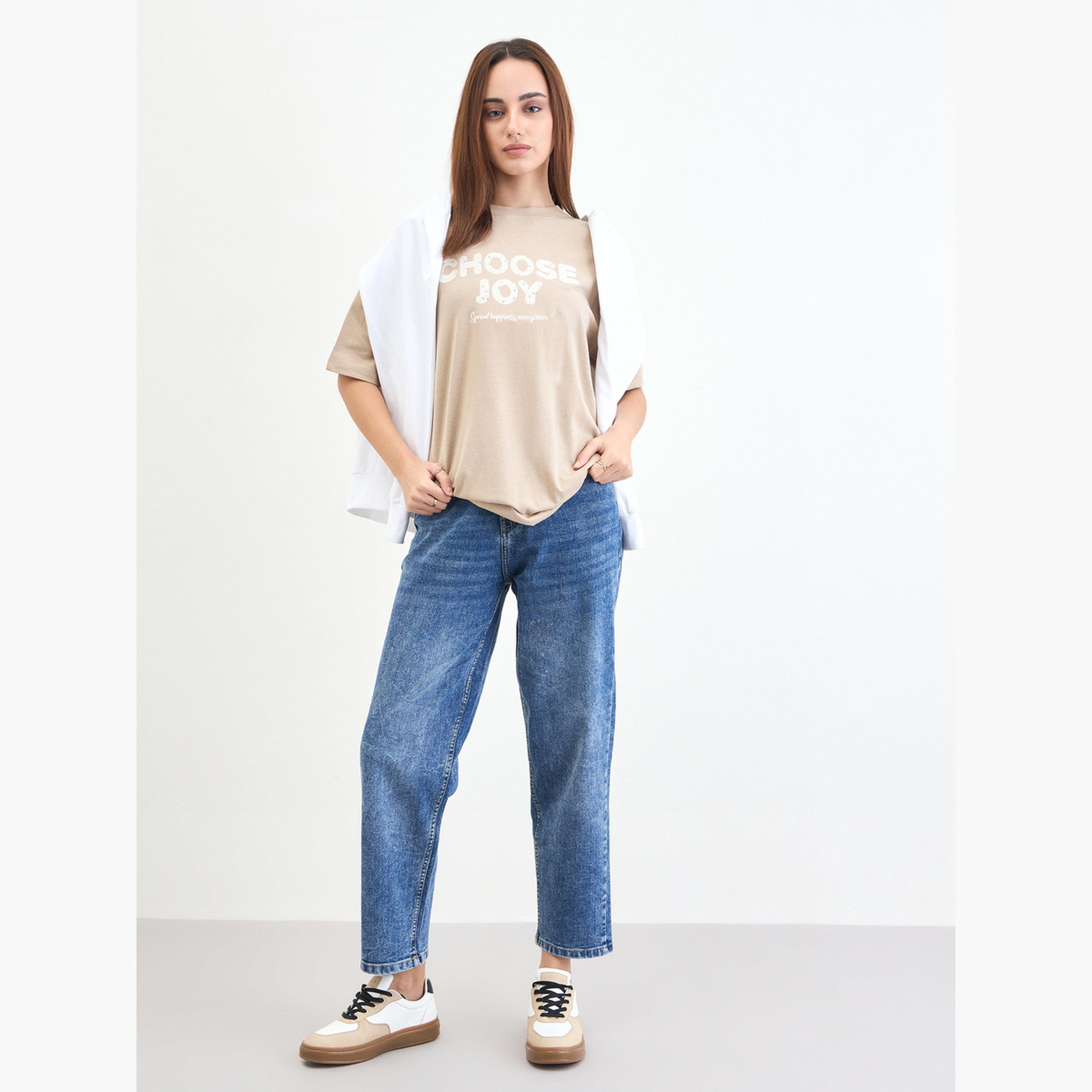 Styli Beige Slogan Print Embellished Oversized T-Shirt-women-clothing-tshirts-image-2