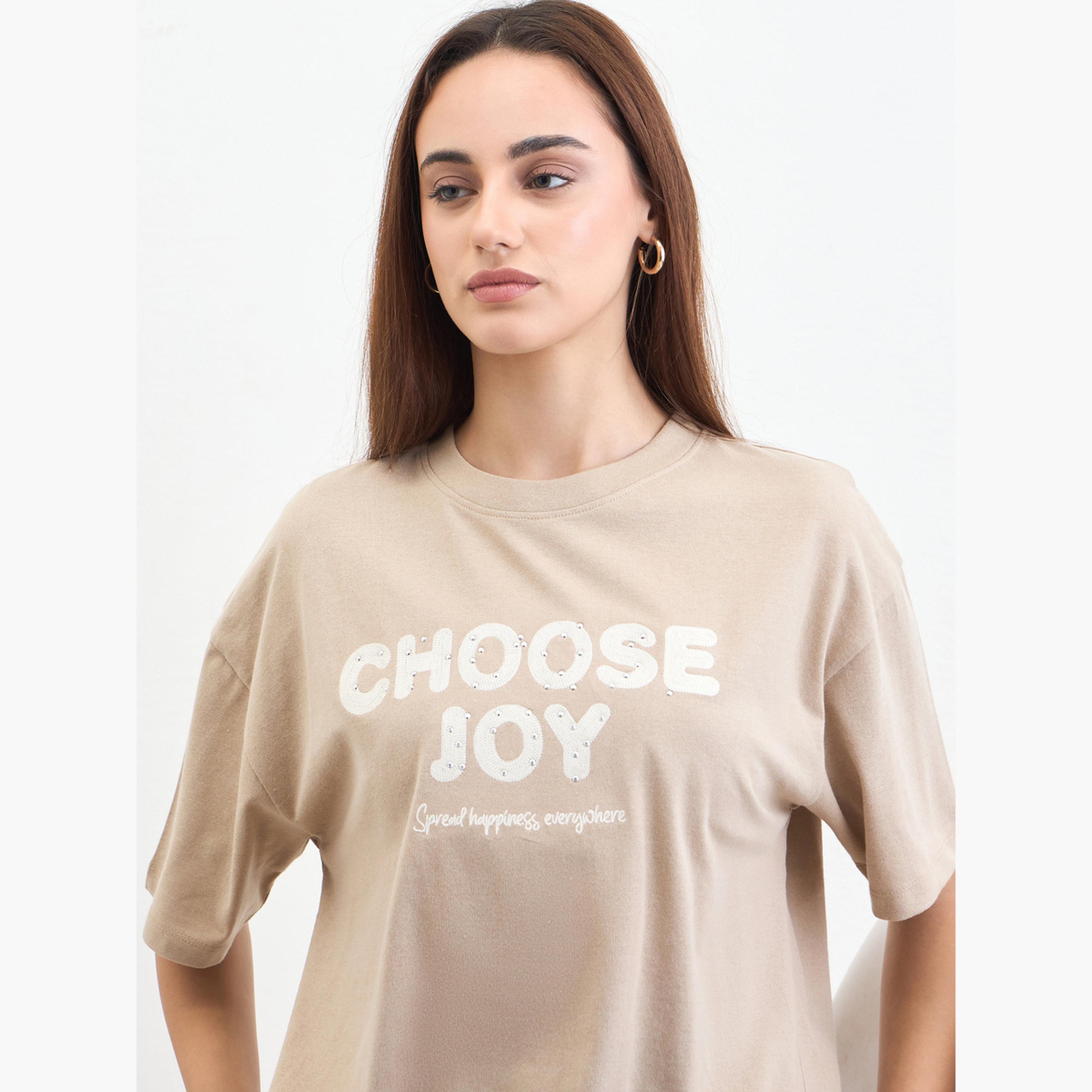 Styli Beige Slogan Print Embellished Oversized T-Shirt-women-clothing-tshirts-image-3