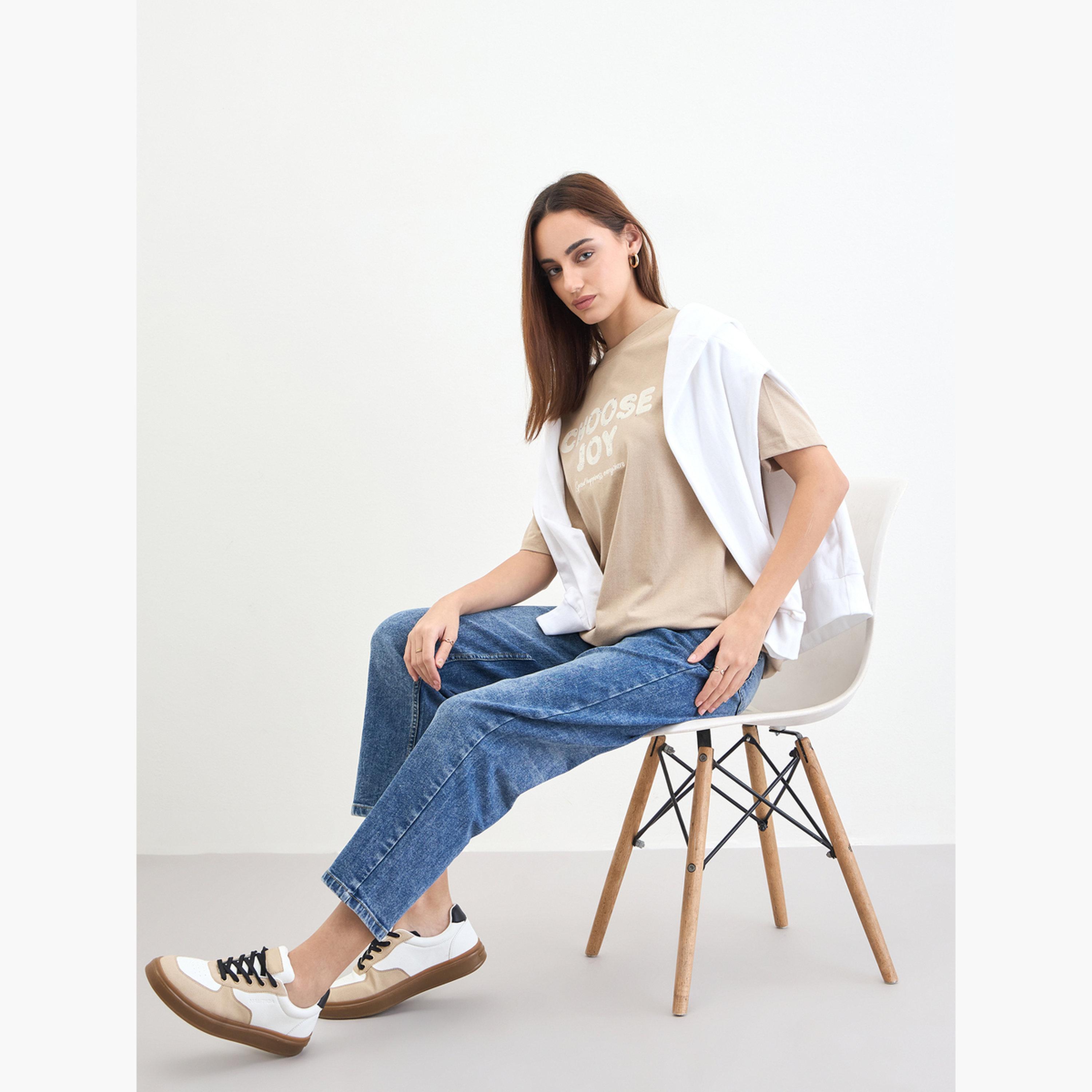 Styli Beige Slogan Print Embellished Oversized T-Shirt-women-clothing-tshirts-image-4
