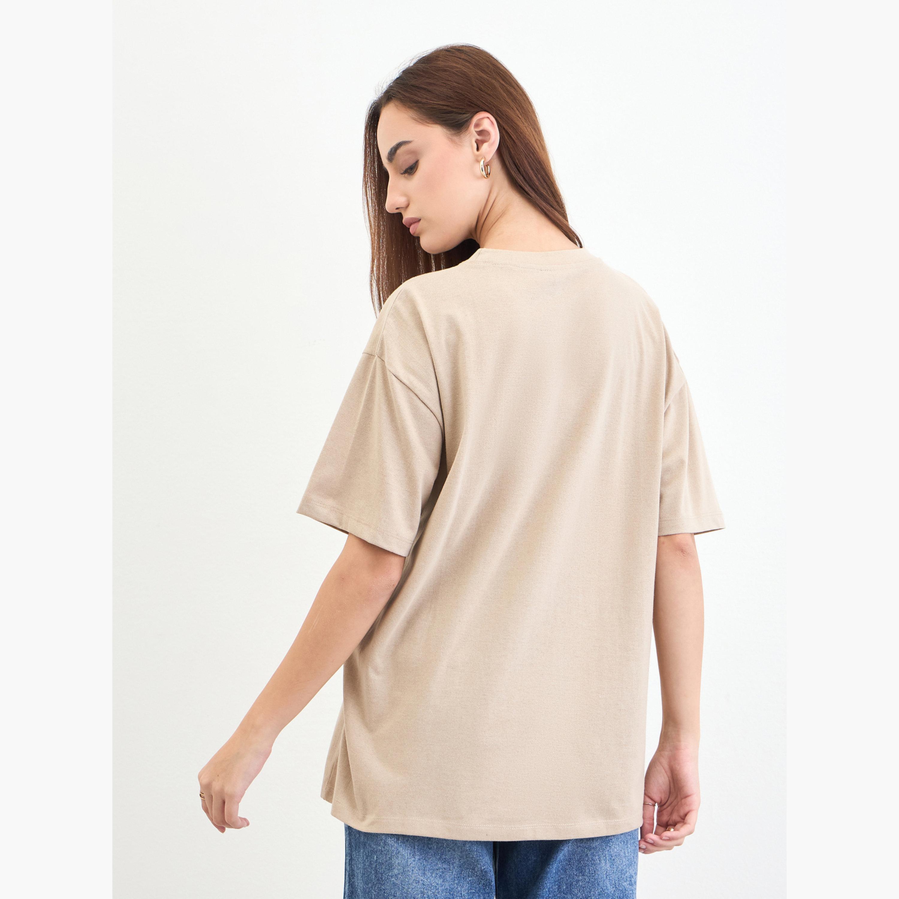 Styli Beige Slogan Print Embellished Oversized T-Shirt-women-clothing-tshirts-image-5