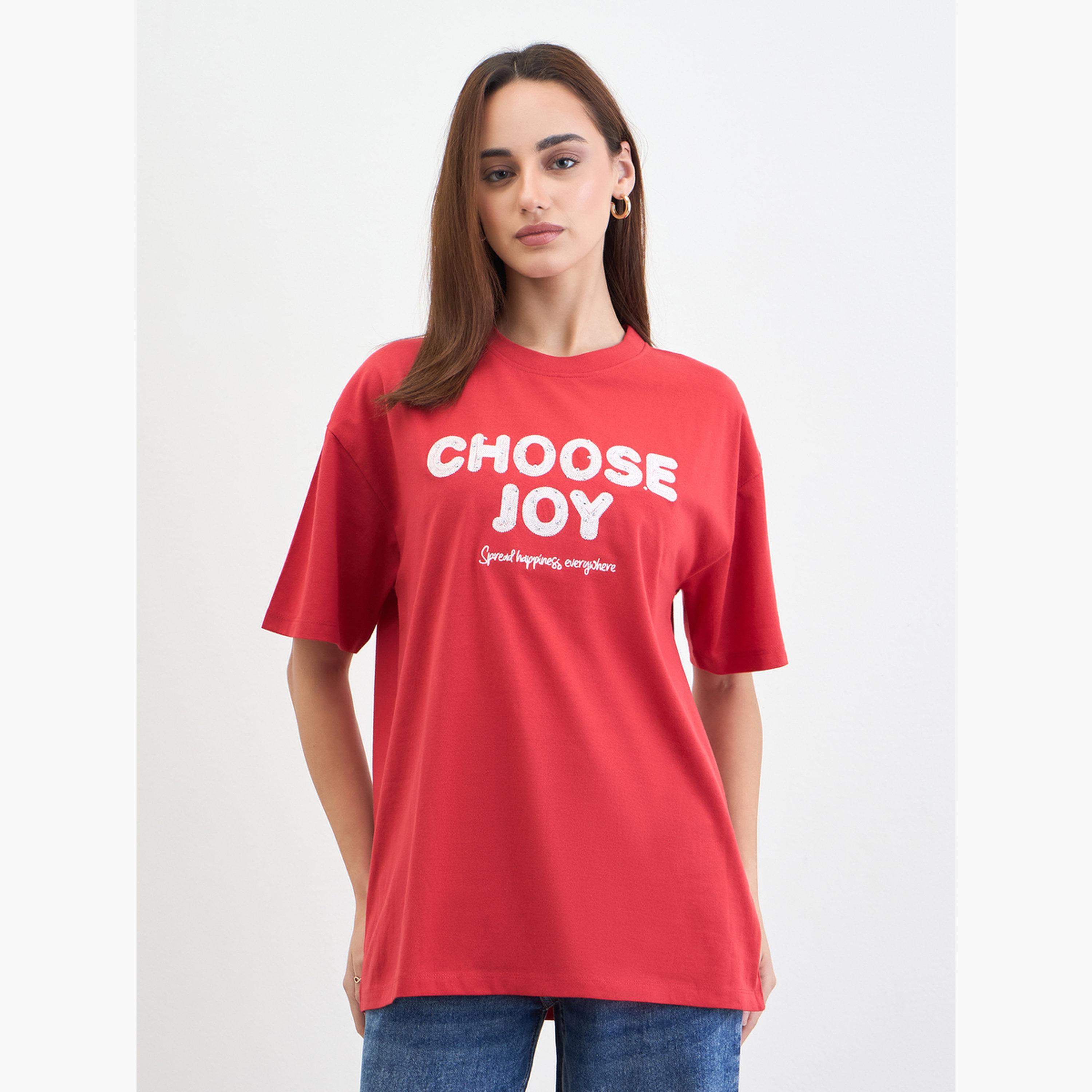 Styli Red Slogan Print Embellished Oversized T-Shirt-women-clothing-tshirts-image-1