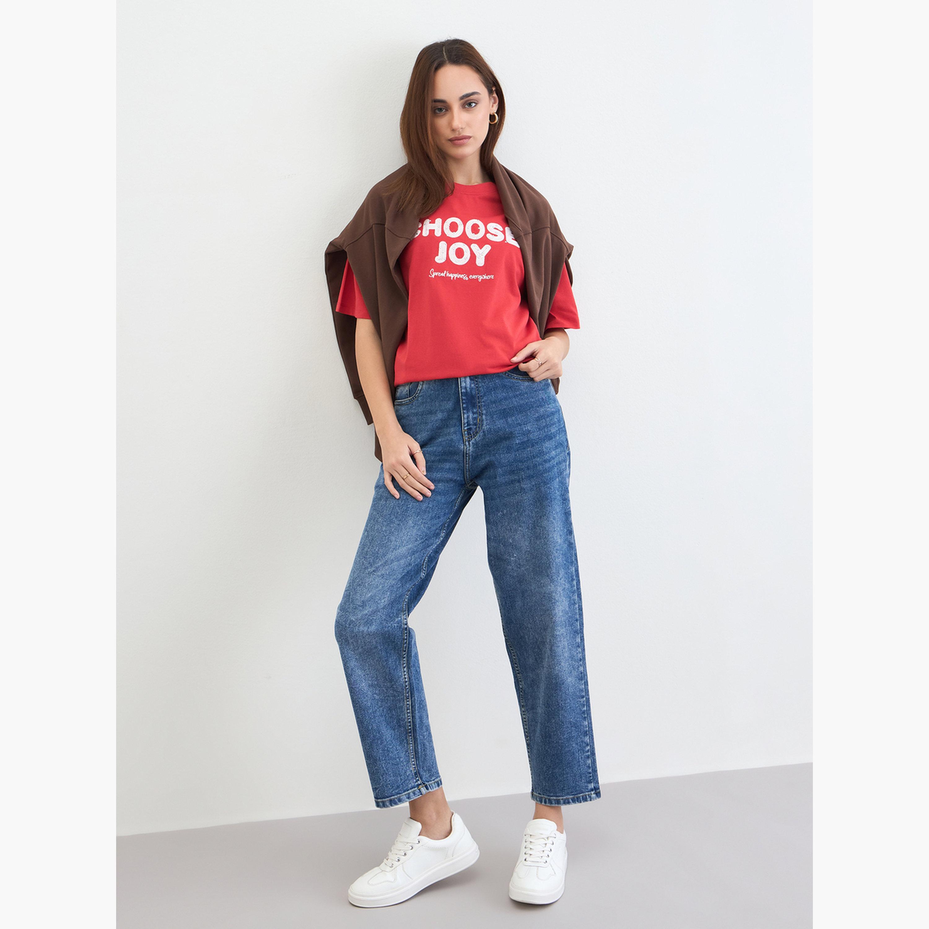 Styli Red Slogan Print Embellished Oversized T-Shirt-women-clothing-tshirts-image-2