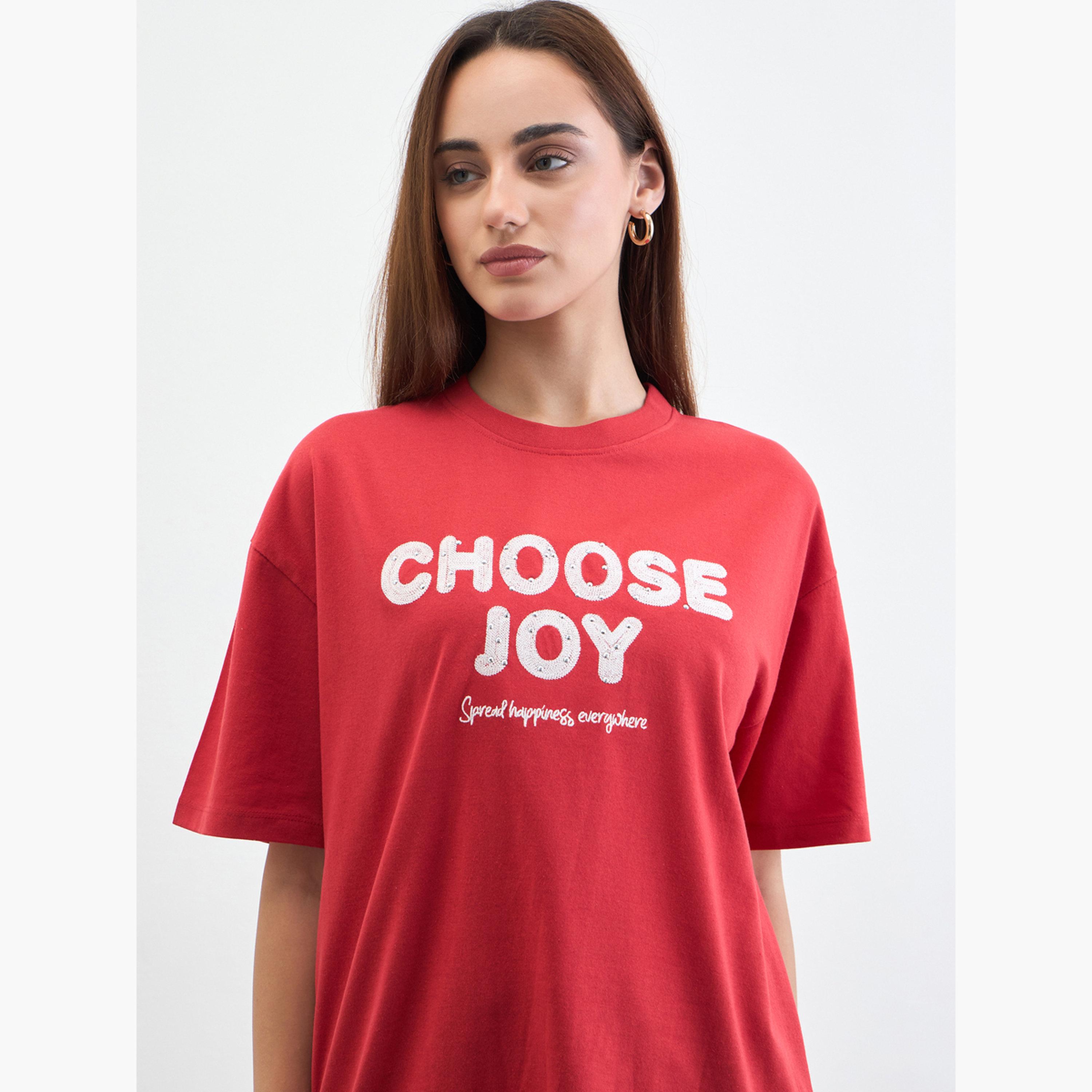 Styli Red Slogan Print Embellished Oversized T-Shirt-women-clothing-tshirts-image-3