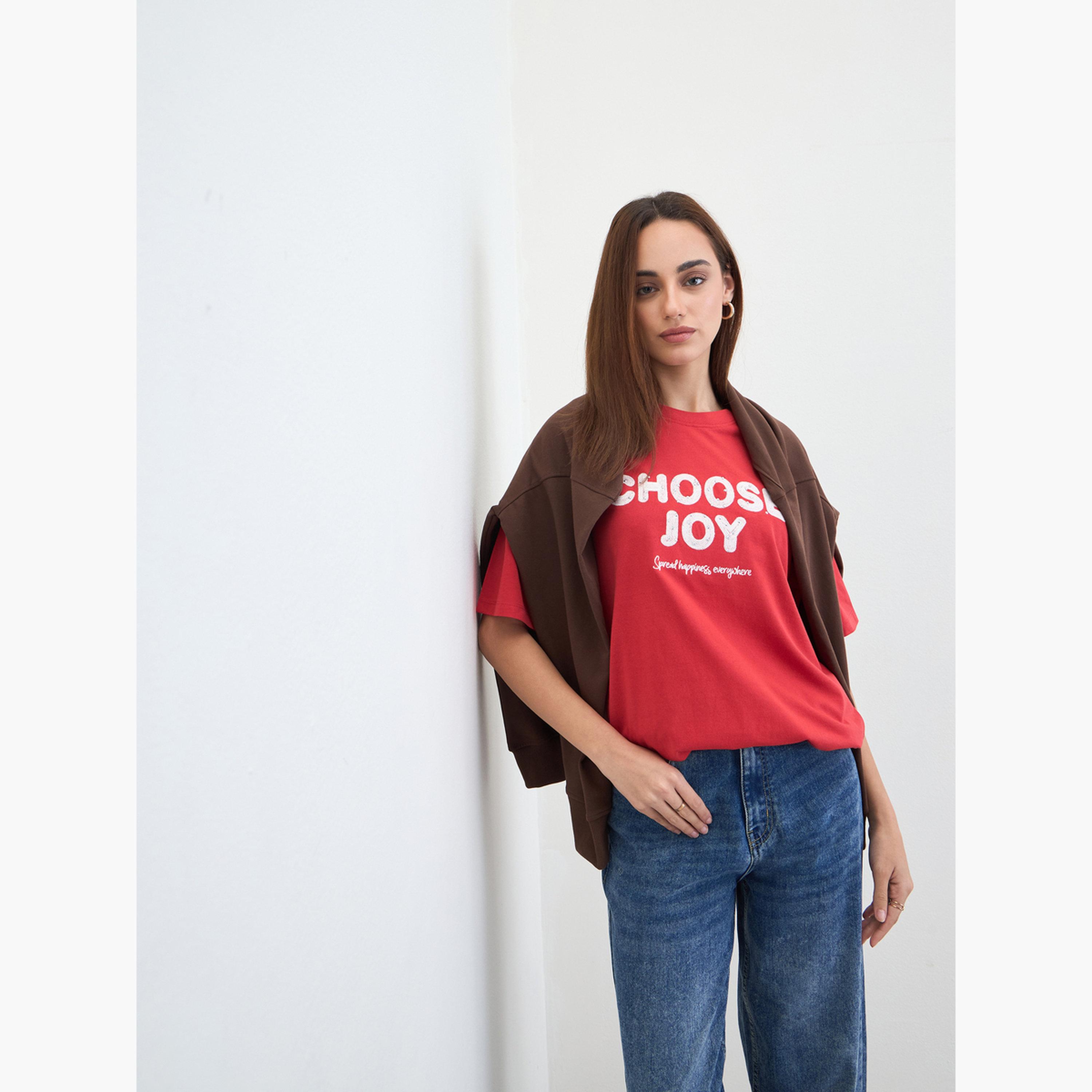 Styli Red Slogan Print Embellished Oversized T-Shirt-women-clothing-tshirts-image-4