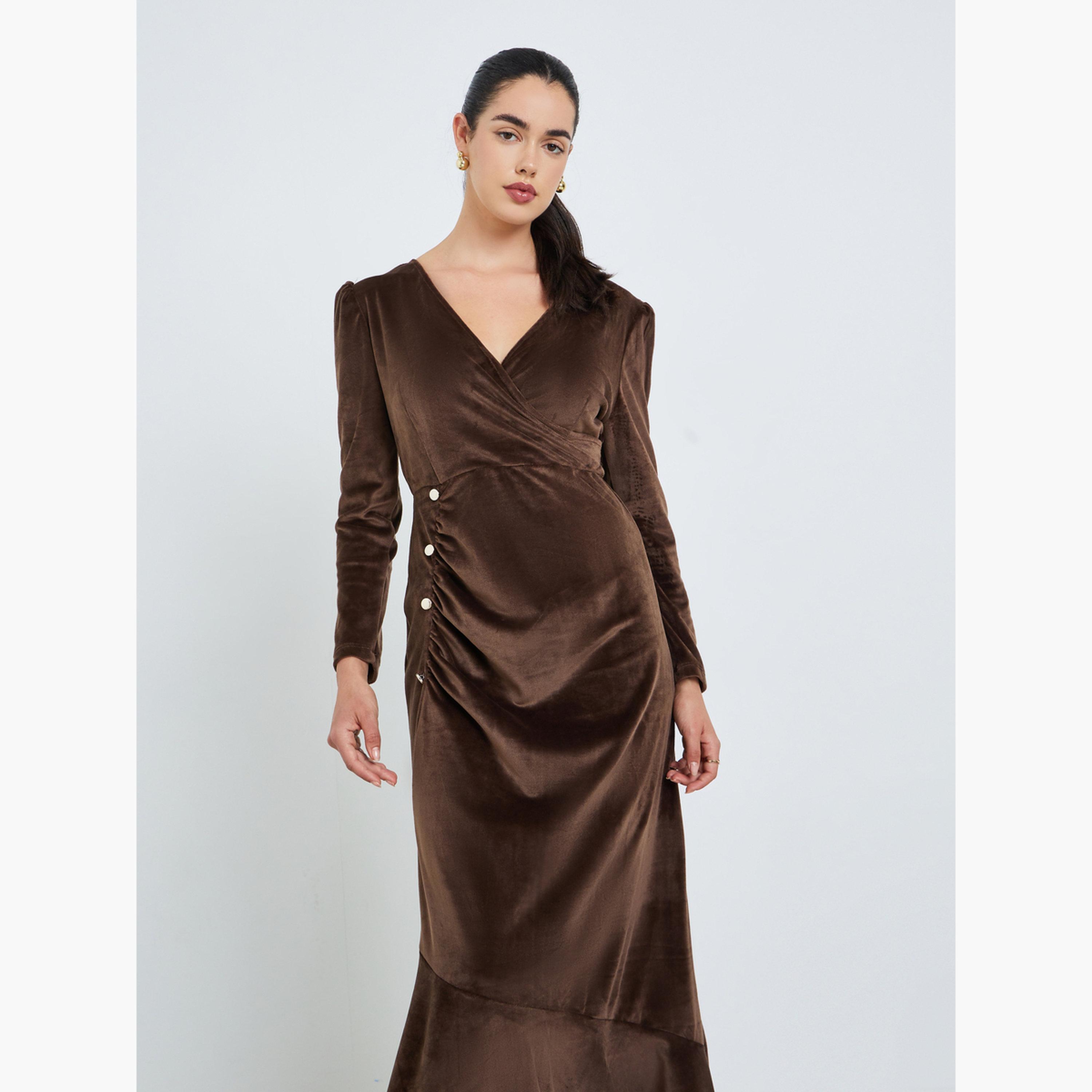 Styli Women Brown Velvet Look Maxi Dress with Button Detail-women-clothing-dresses-image-2