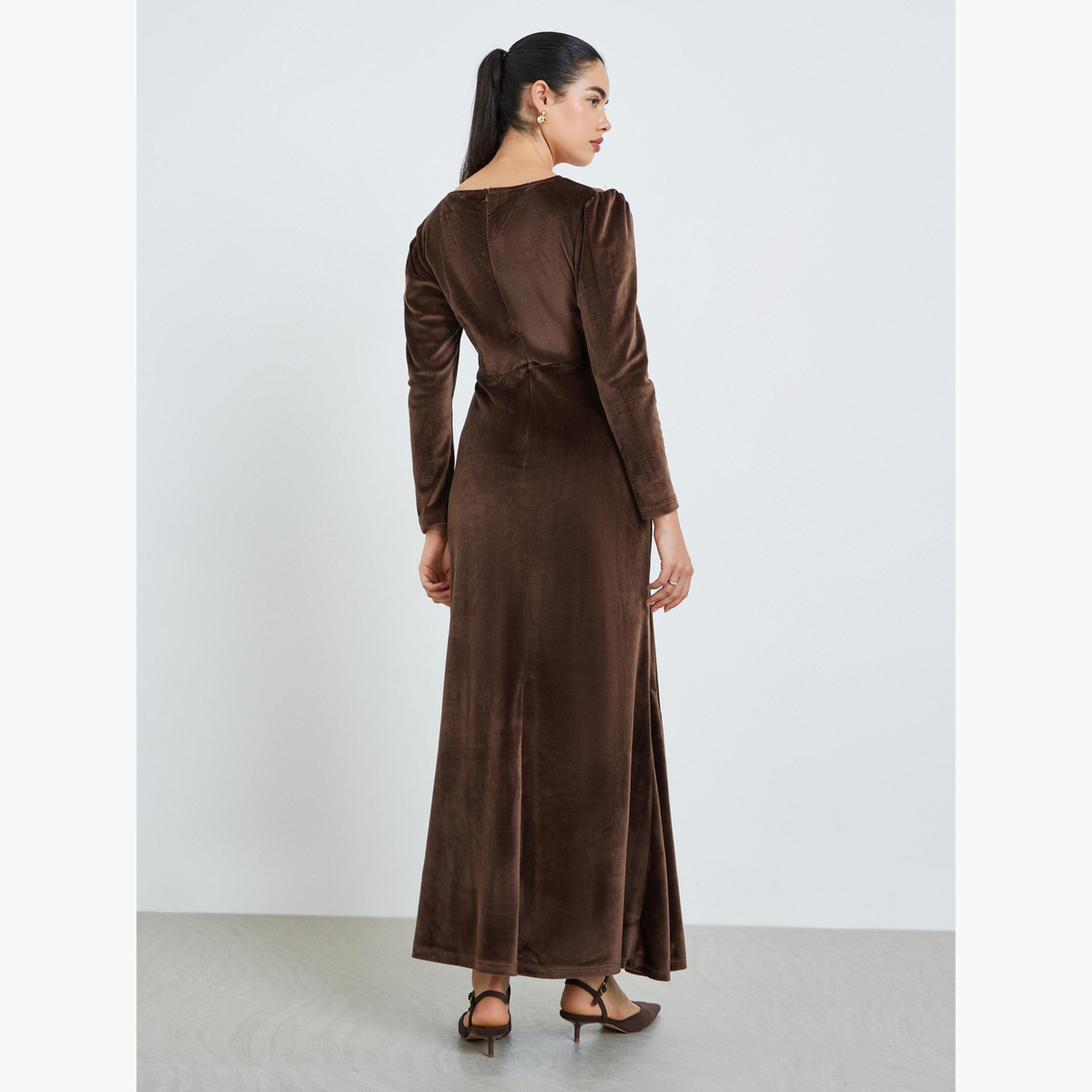 فستان طويل بمظهر مخملي وتفاصيل أزرار للنساء-women-clothing-dresses-image-3