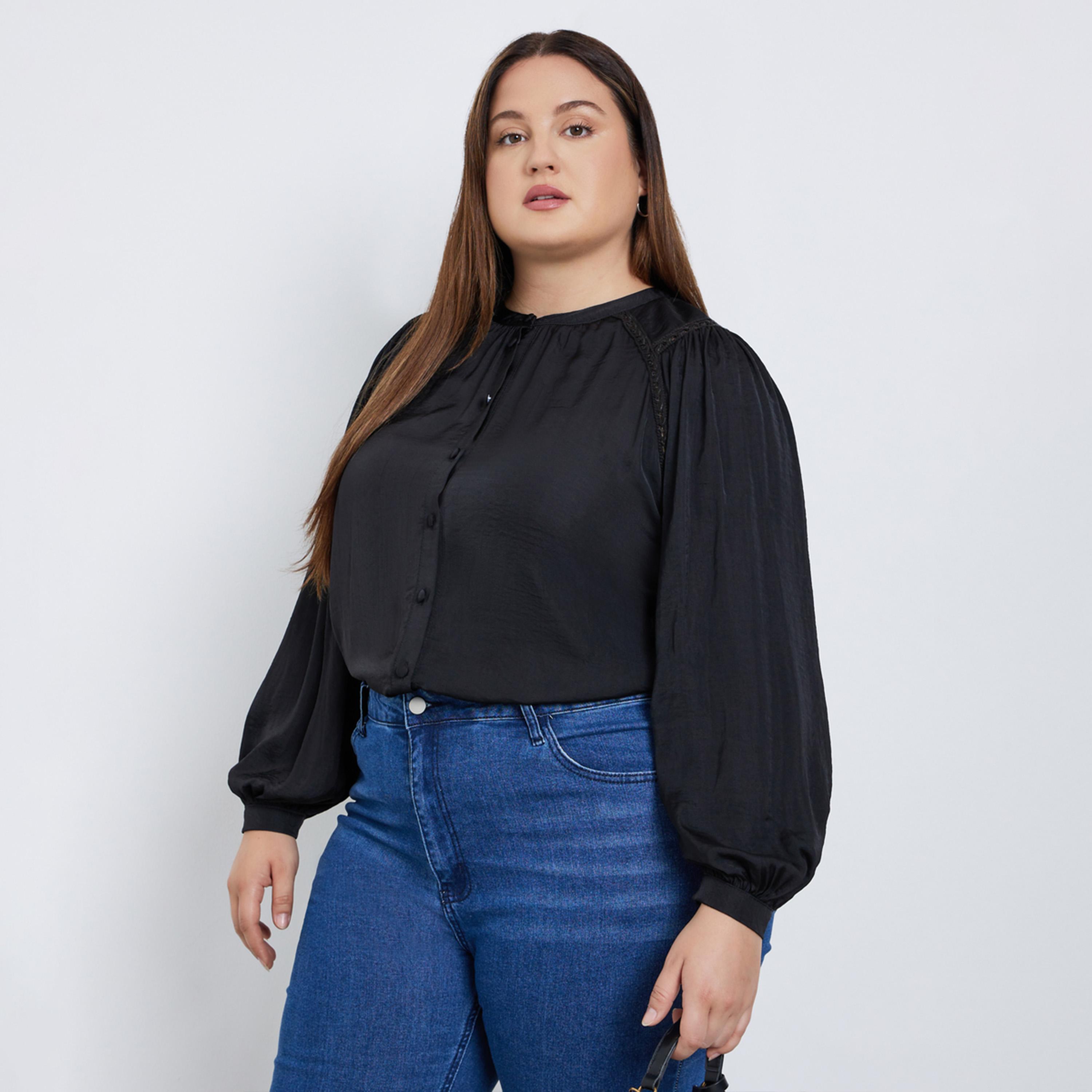ستايلي - بلوزة سوداء بأكمام طويلة ومقاسات كبيرة-women-clothing-shirtsandblouses-blouses-image-1