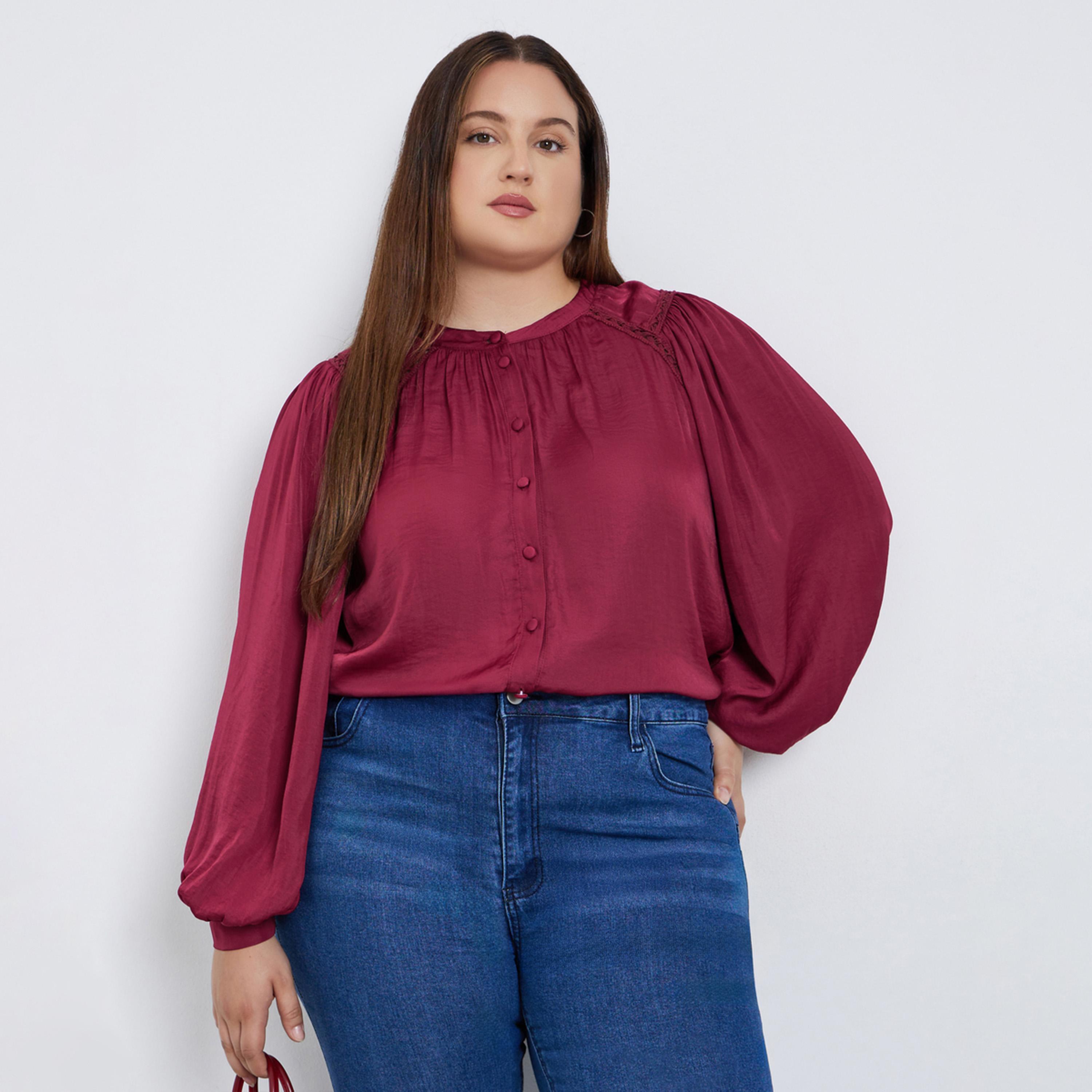 Styli Plus Size Burgundy Long Sleeve Blouse-women-clothing-shirtsandblouses-blouses-image-1