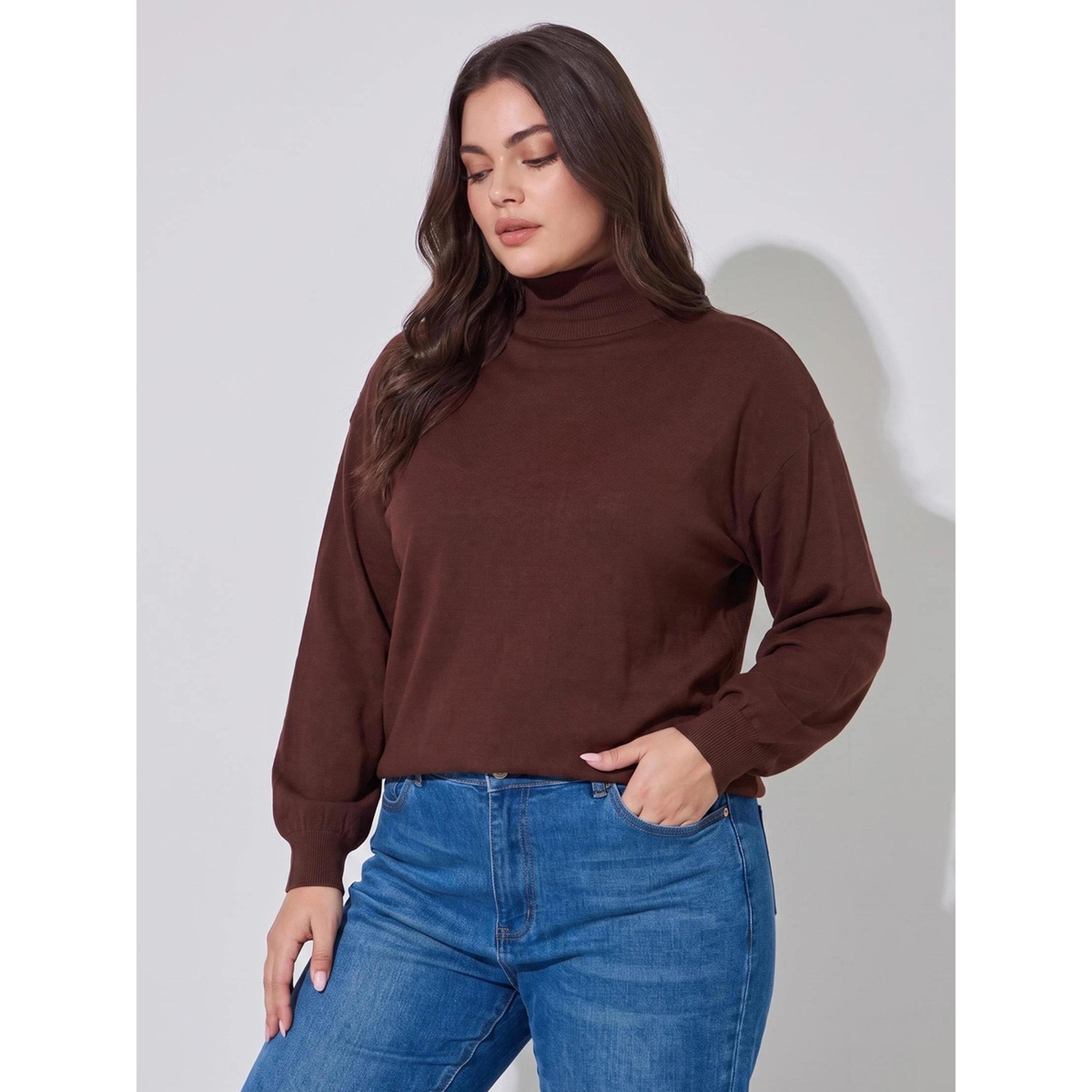 Styli Plus Size Brown Turtleneck Sweater-women-winterwear-cardigansandjumpers-jumpers-image-1