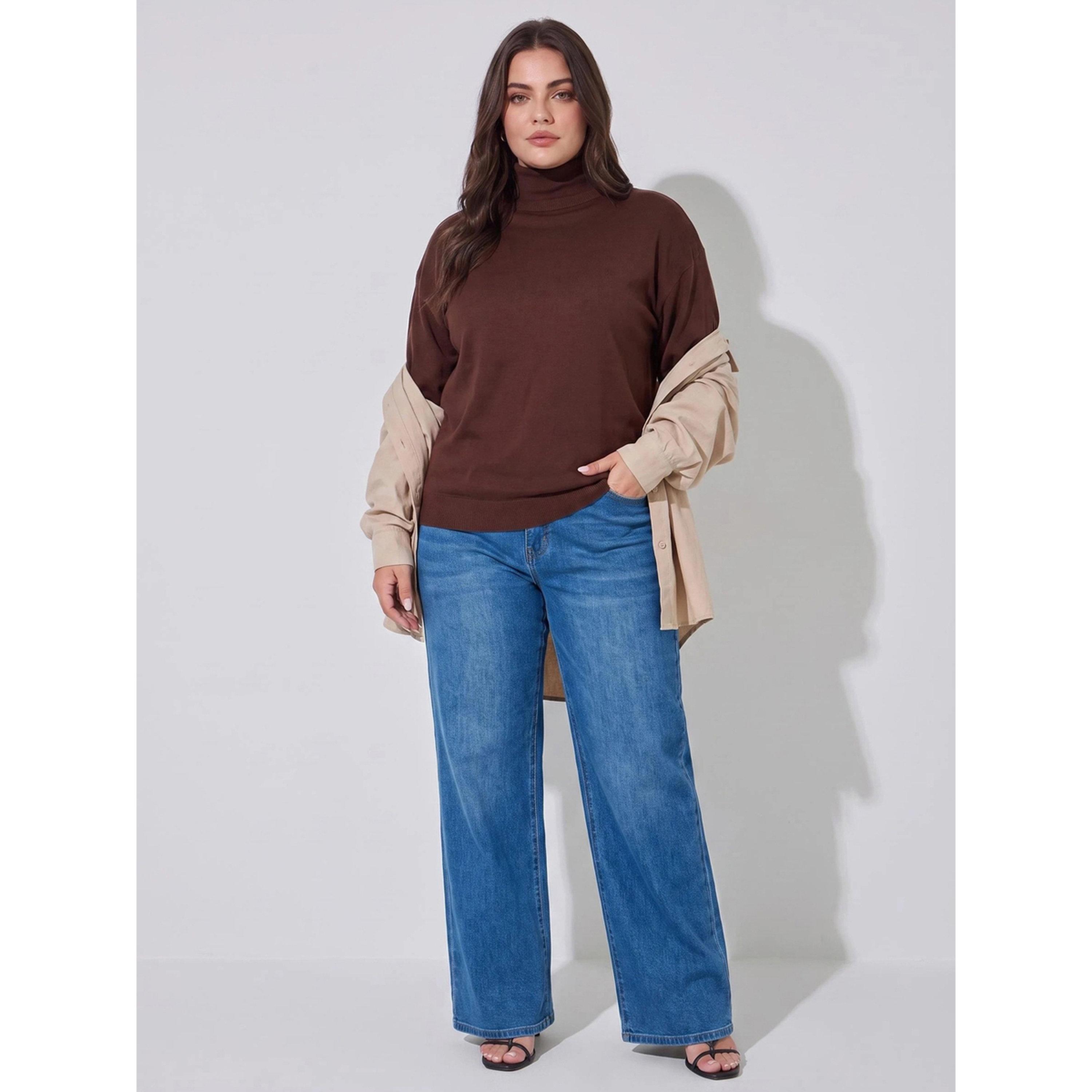 Styli Plus Size Brown Turtleneck Sweater-women-winterwear-cardigansandjumpers-jumpers-image-2