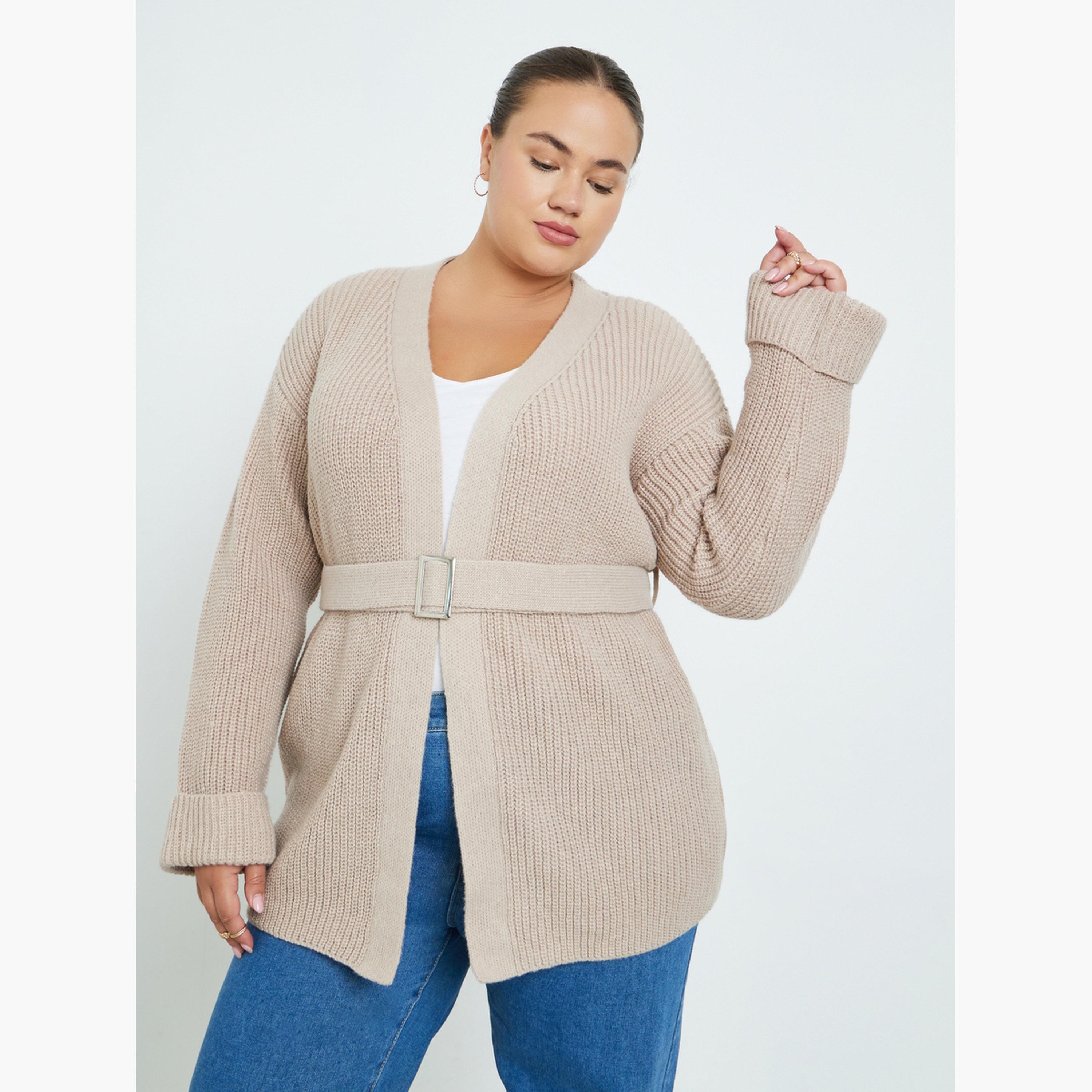 ستايلي - كارديغان محبوك بحزام بيج مقاس كبير للنساء -women-winterwear-cardigansandjumpers-cardigans-image-1