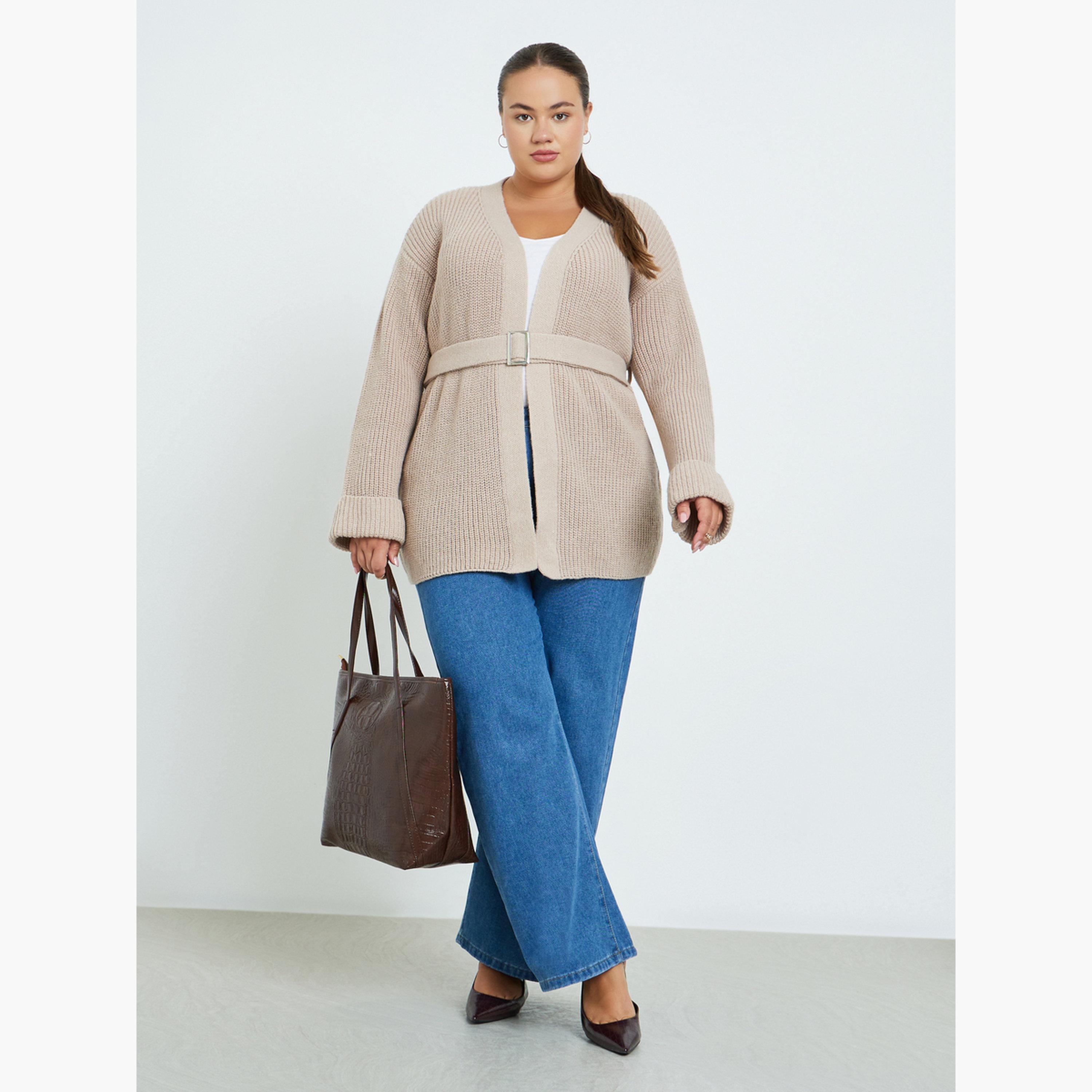 ستايلي - كارديغان محبوك بحزام بيج مقاس كبير للنساء -women-winterwear-cardigansandjumpers-cardigans-image-2