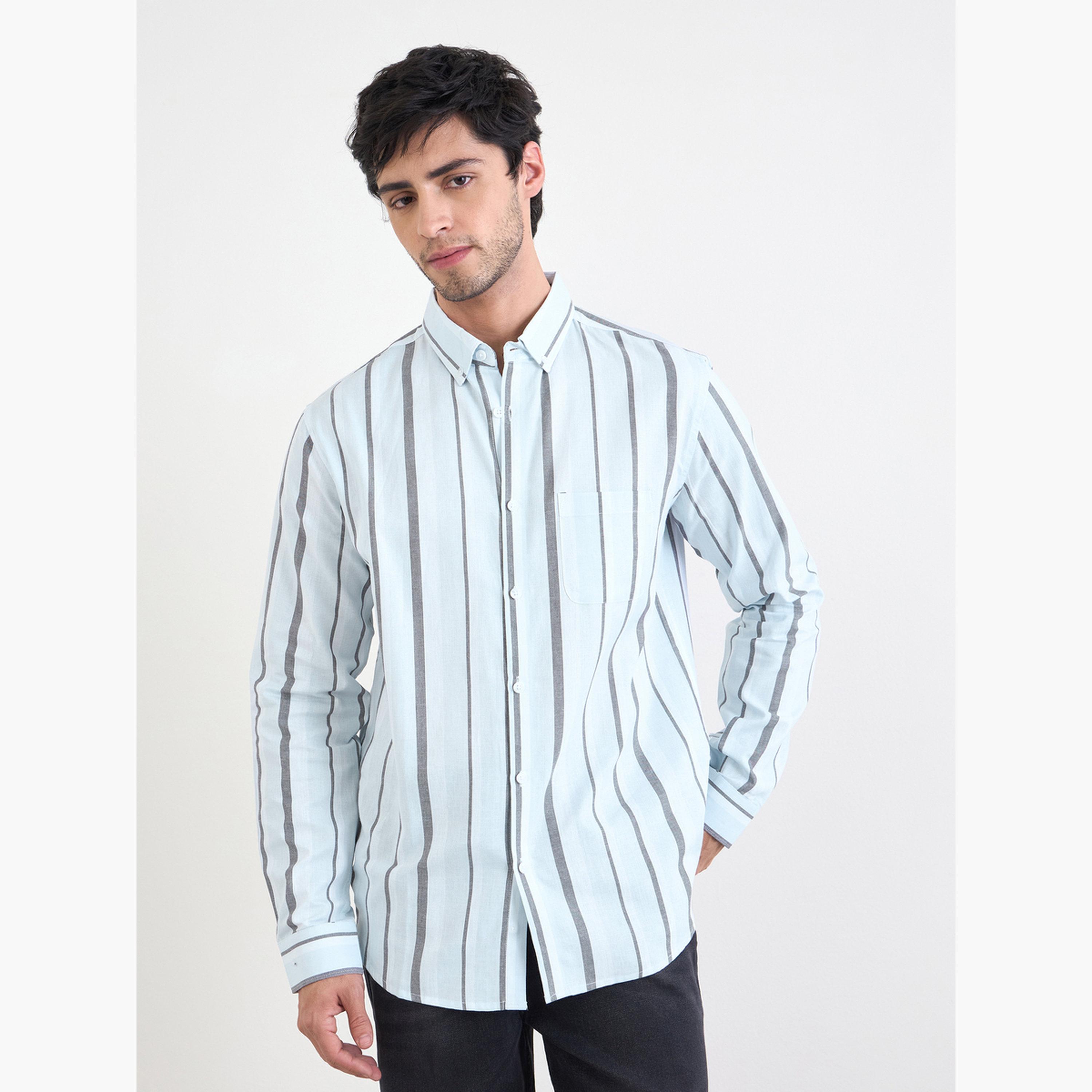 Styli Men Light Blue Striped Long Sleeve Shirt-men-clothing-shirts-image-1