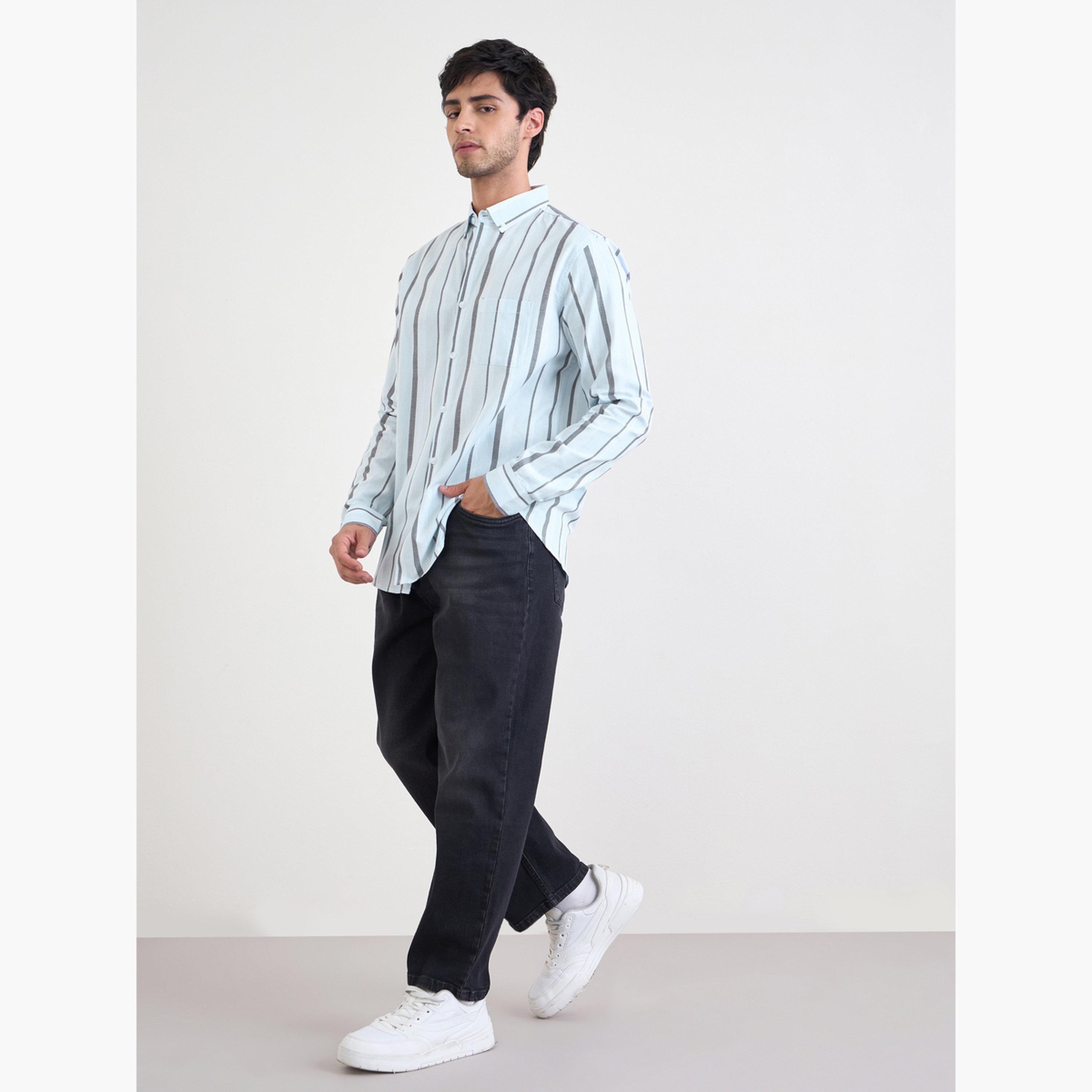 Styli Men Light Blue Striped Long Sleeve Shirt-men-clothing-shirts-image-2