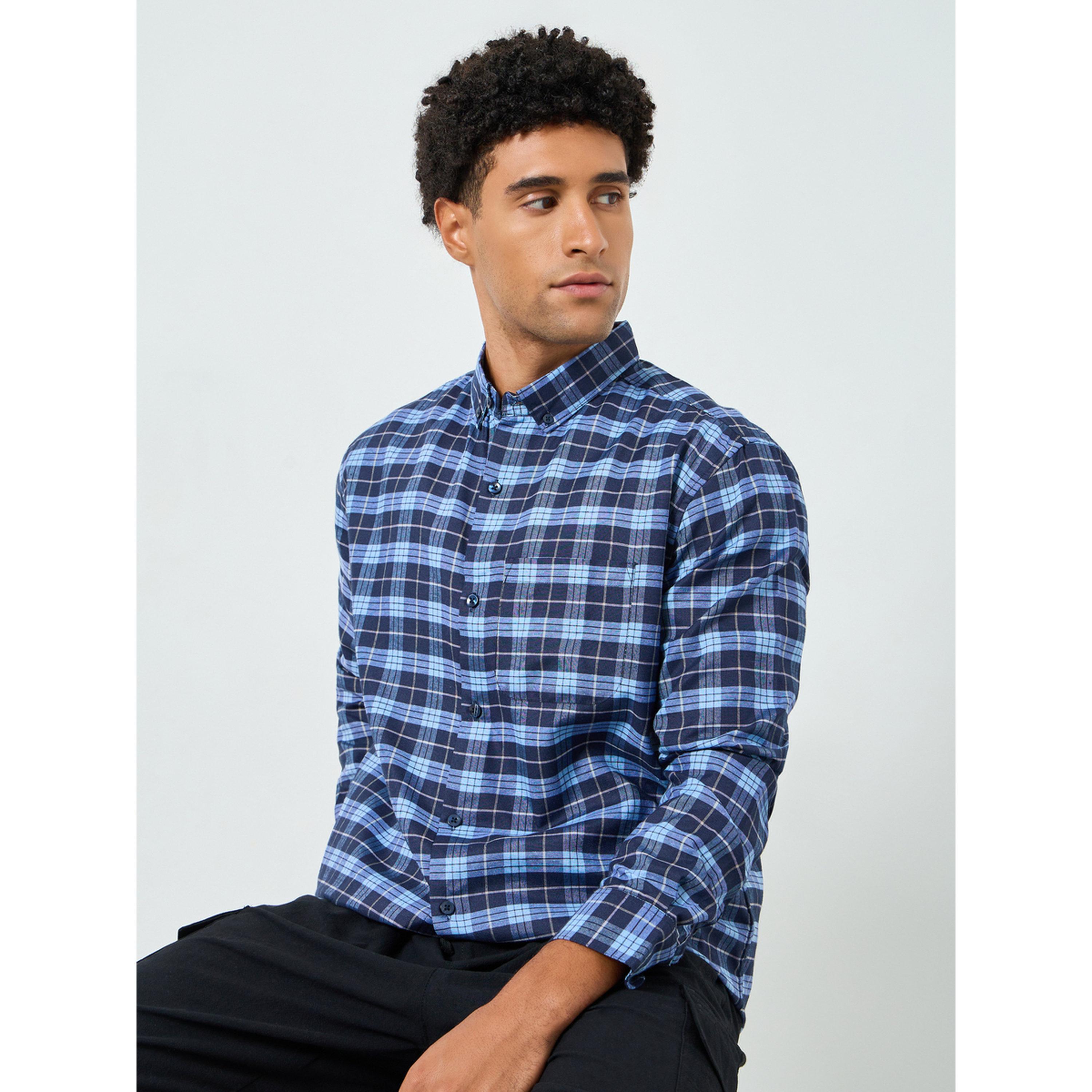 Styli Men Navy Blue Checked Regular Fit Shirt-men-clothing-shirts-image-3
