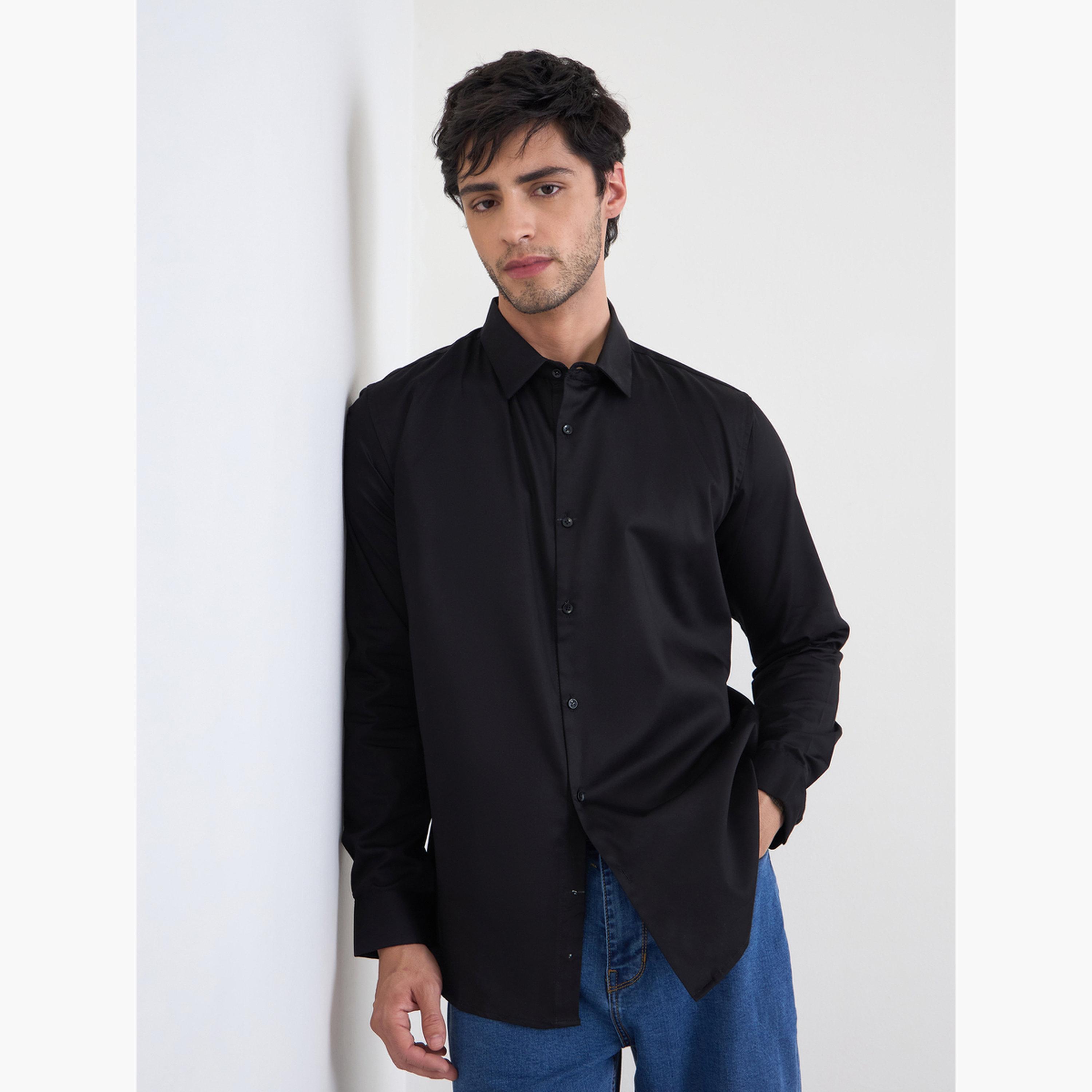 Styli Men Black Solid Cotton Slim Fit Shirt-men-clothing-shirts-image-1