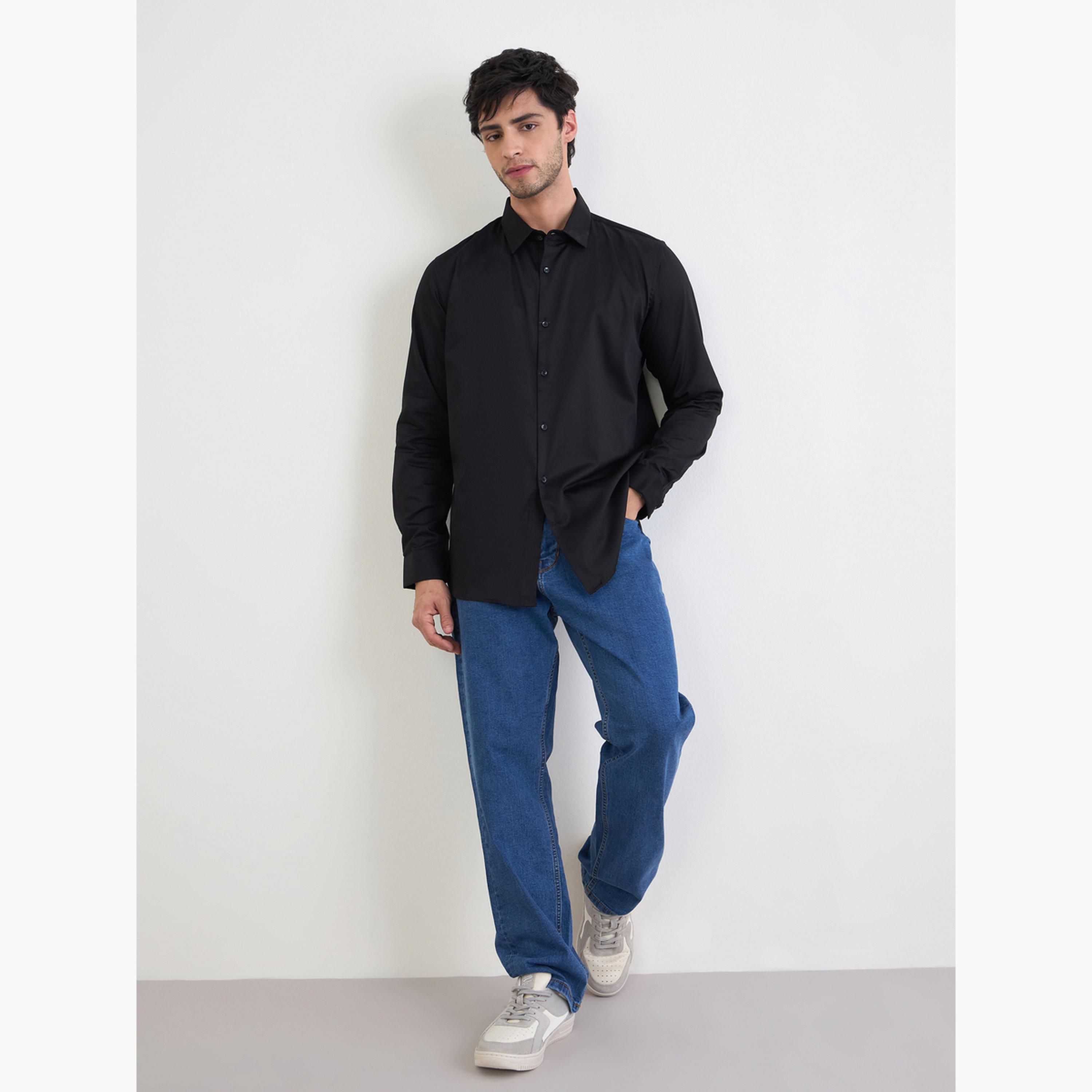 Styli Men Black Solid Cotton Slim Fit Shirt-men-clothing-shirts-image-2
