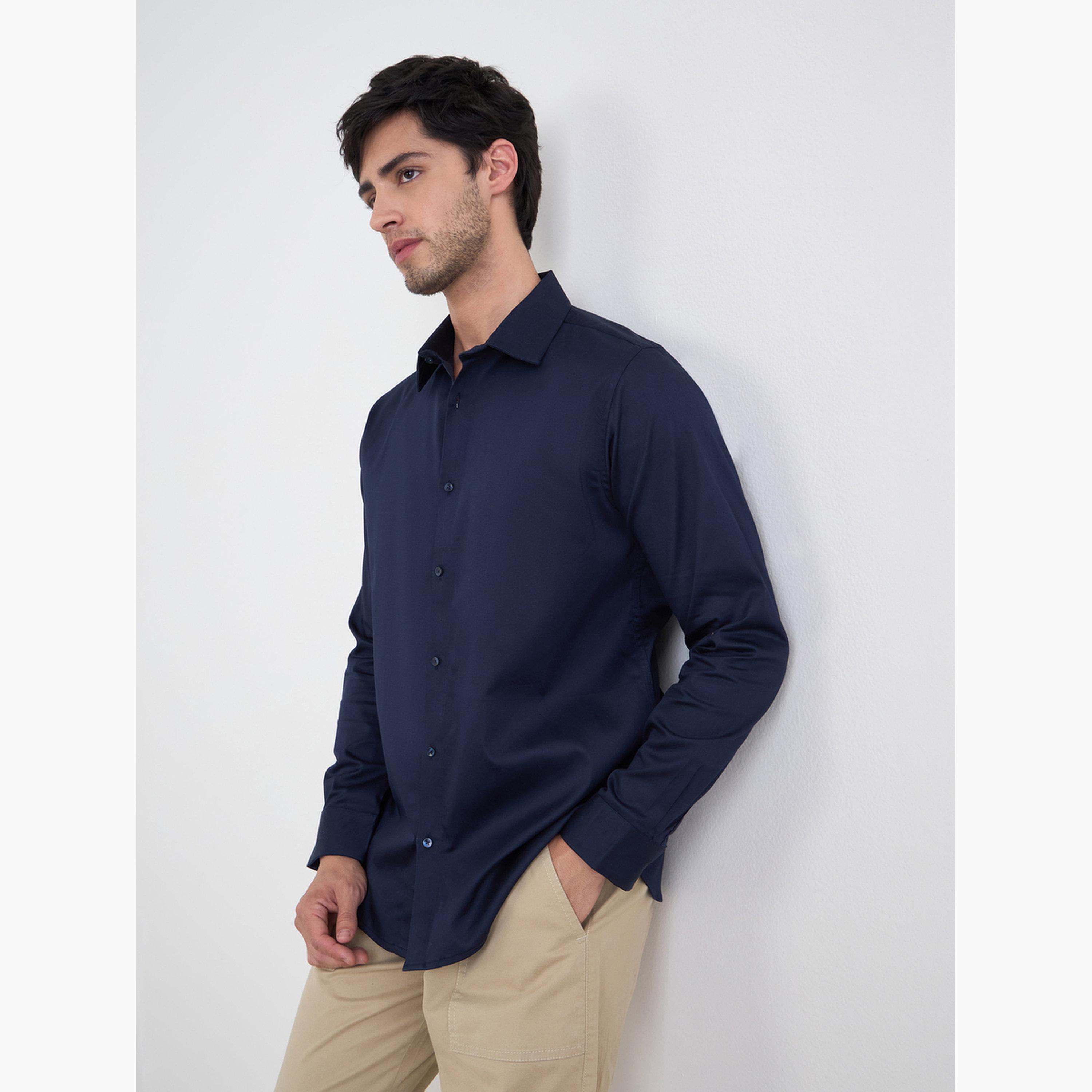Styli Solid Cotton Lycra Slim Fit Spread Collar Shirt-men-clothing-shirts-image-2