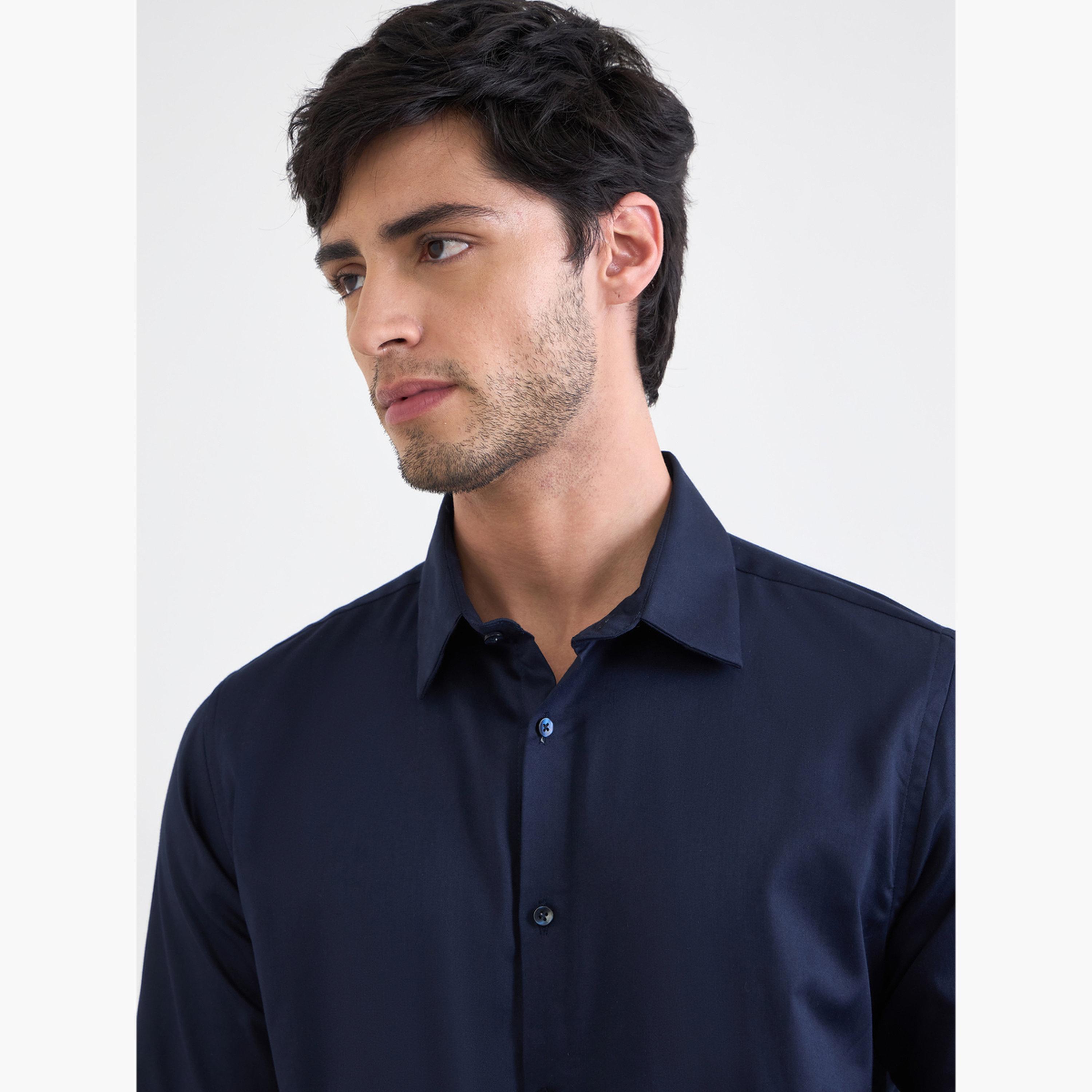 Styli Solid Cotton Lycra Slim Fit Spread Collar Shirt-men-clothing-shirts-image-3
