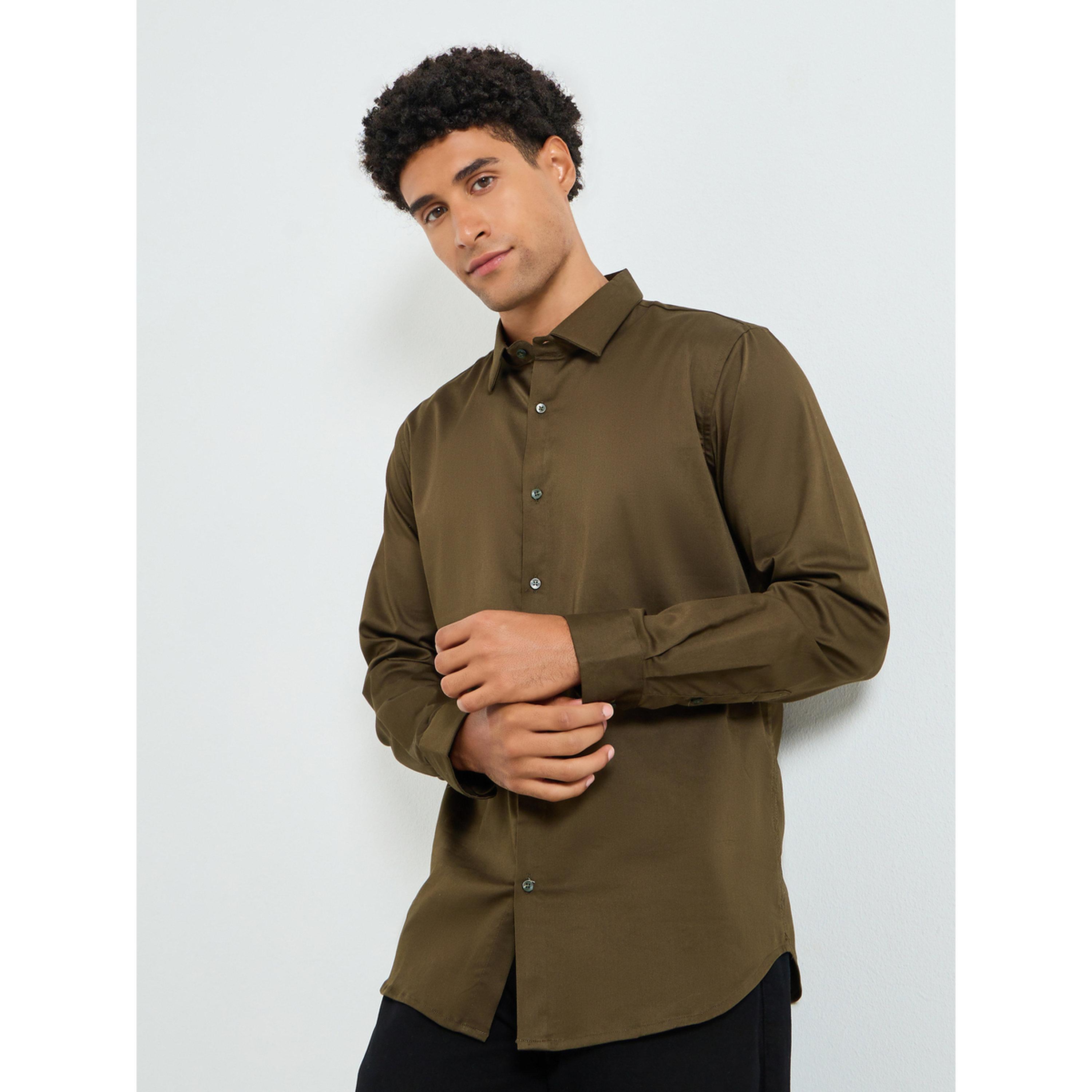 Styli Men Olive Cotton Lycra Slim Fit Full Sleeve Shirt-men-clothing-shirts-image-1