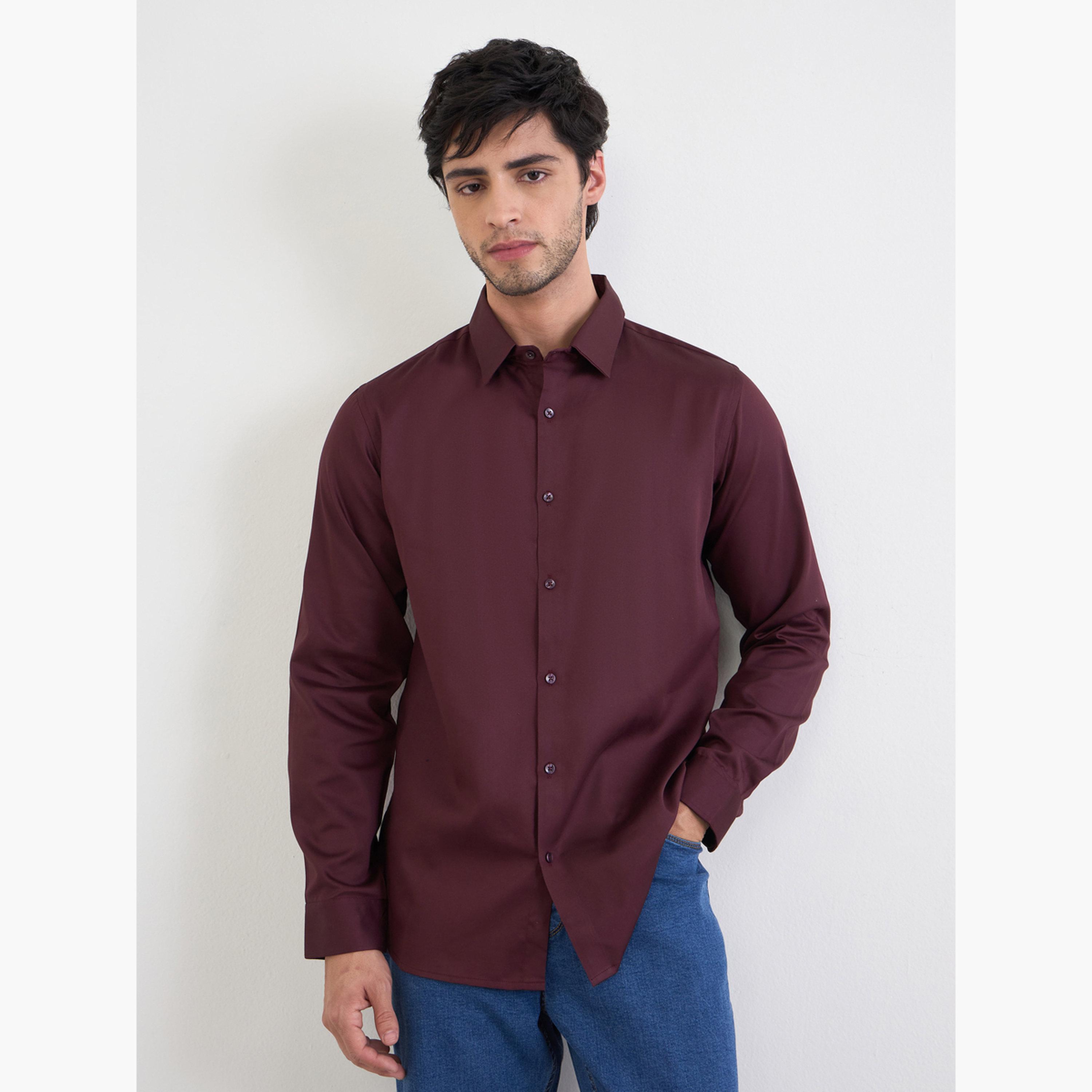 Styli Solid Cotton Lycra Slim Fit Spread Collar Shirt-men-clothing-shirts-image-1