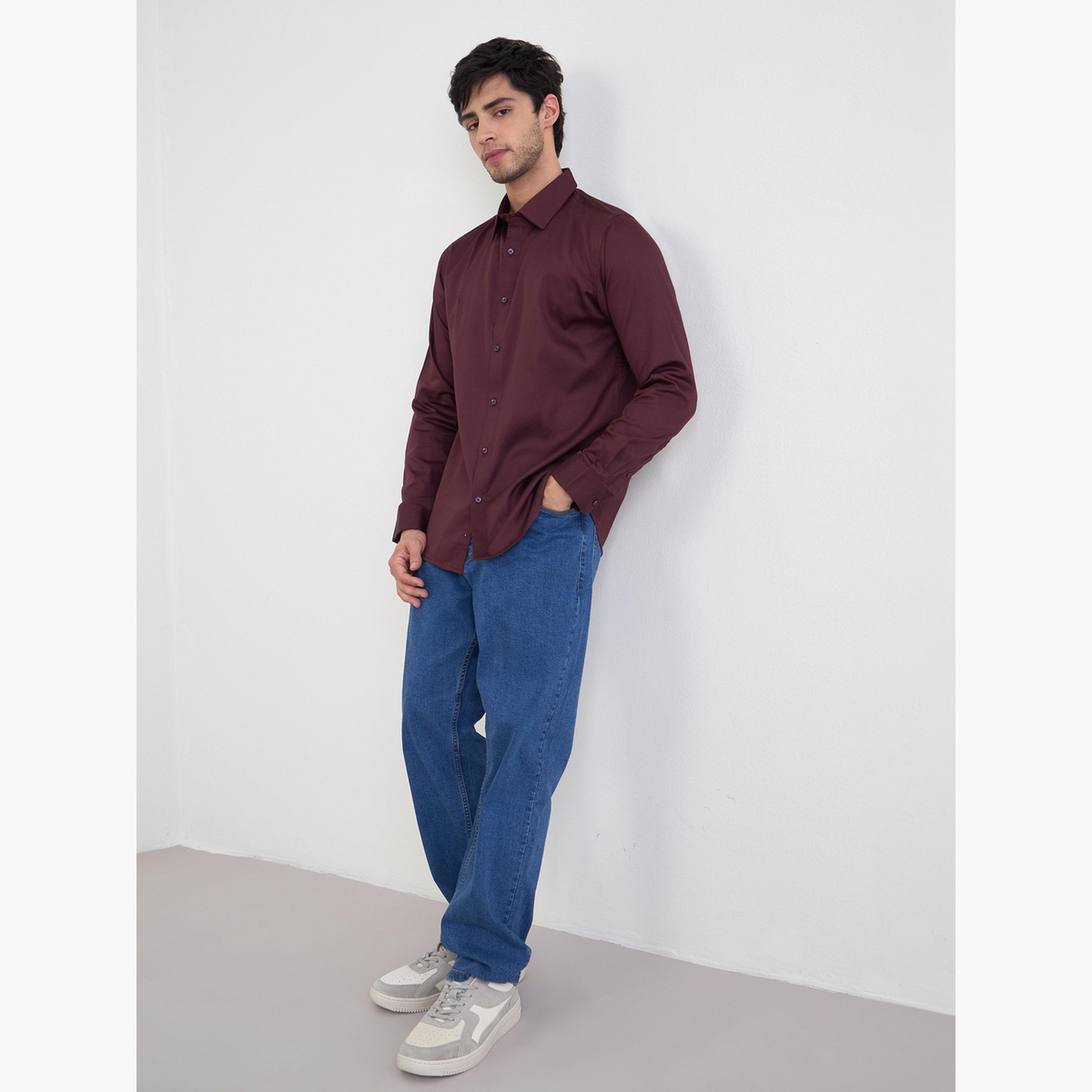 Styli Solid Cotton Lycra Slim Fit Spread Collar Shirt-men-clothing-shirts-image-2