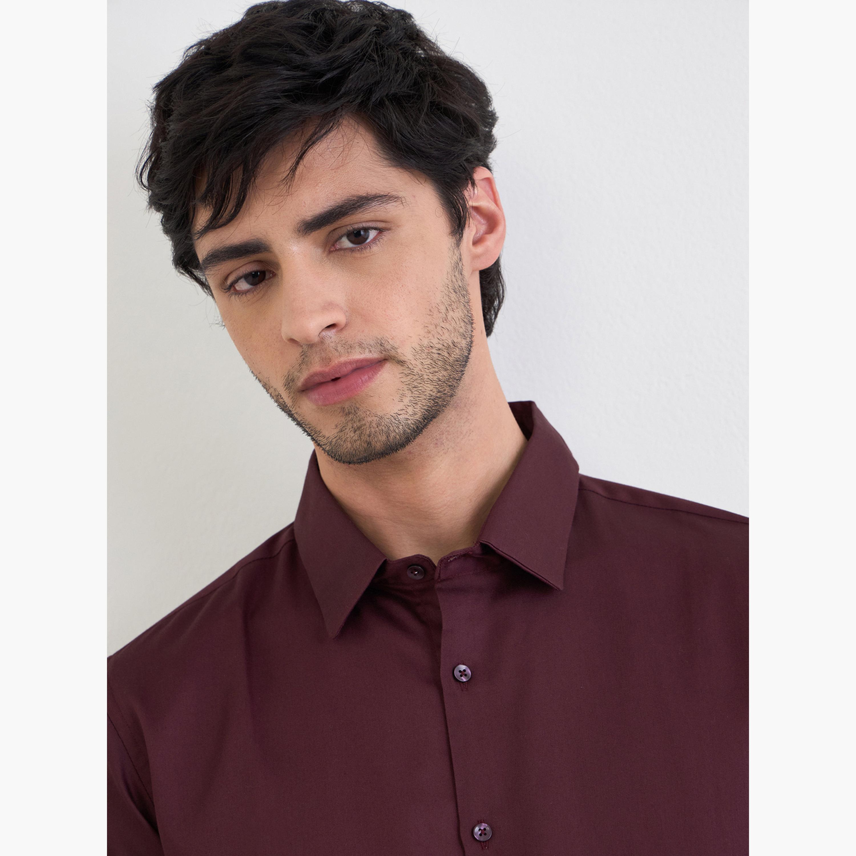 Styli Solid Cotton Lycra Slim Fit Spread Collar Shirt-men-clothing-shirts-image-4