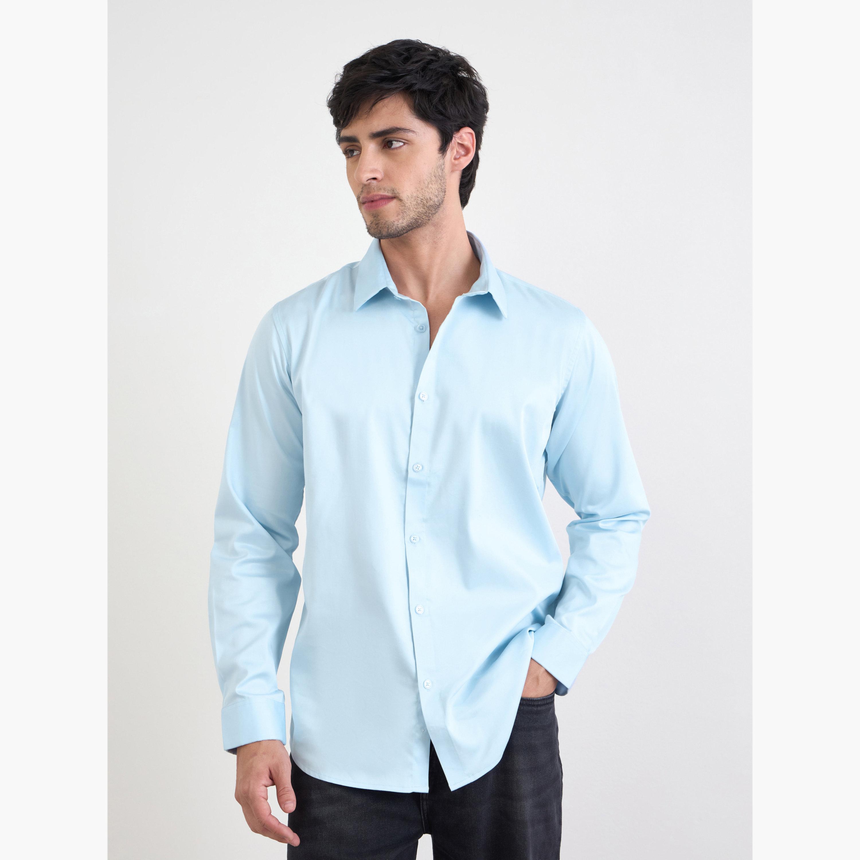 Styli Solid Cotton Lycra Slim Fit Spread Collar Shirt-men-clothing-shirts-image-1