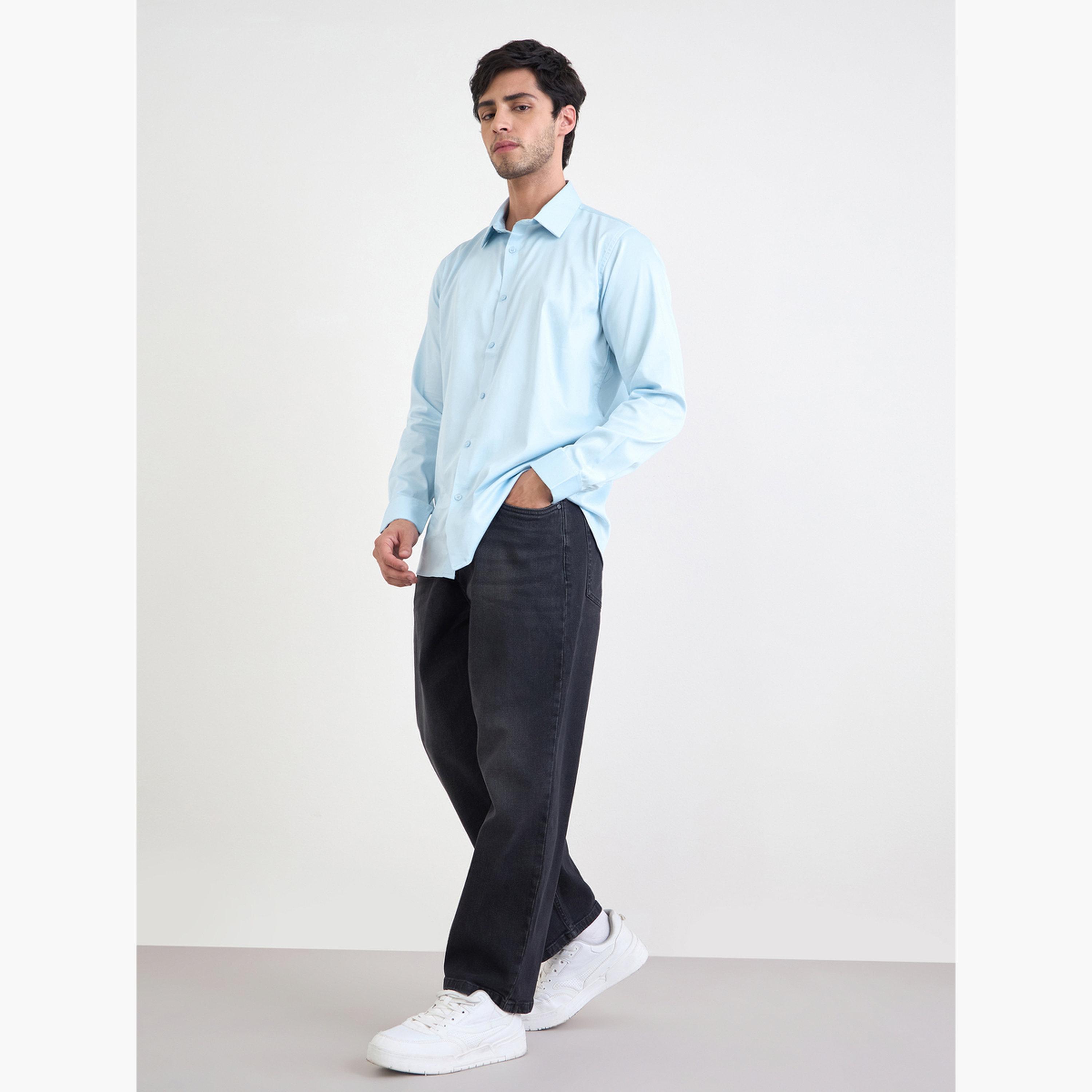Styli Solid Cotton Lycra Slim Fit Spread Collar Shirt-men-clothing-shirts-image-2