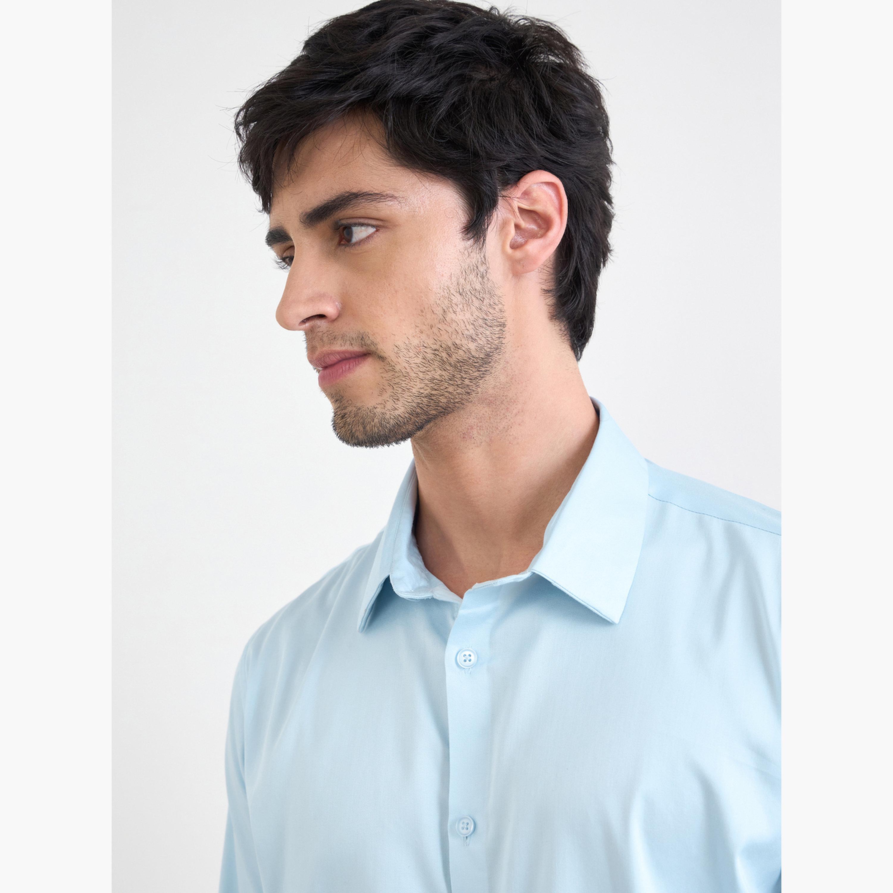 Styli Solid Cotton Lycra Slim Fit Spread Collar Shirt-men-clothing-shirts-image-3