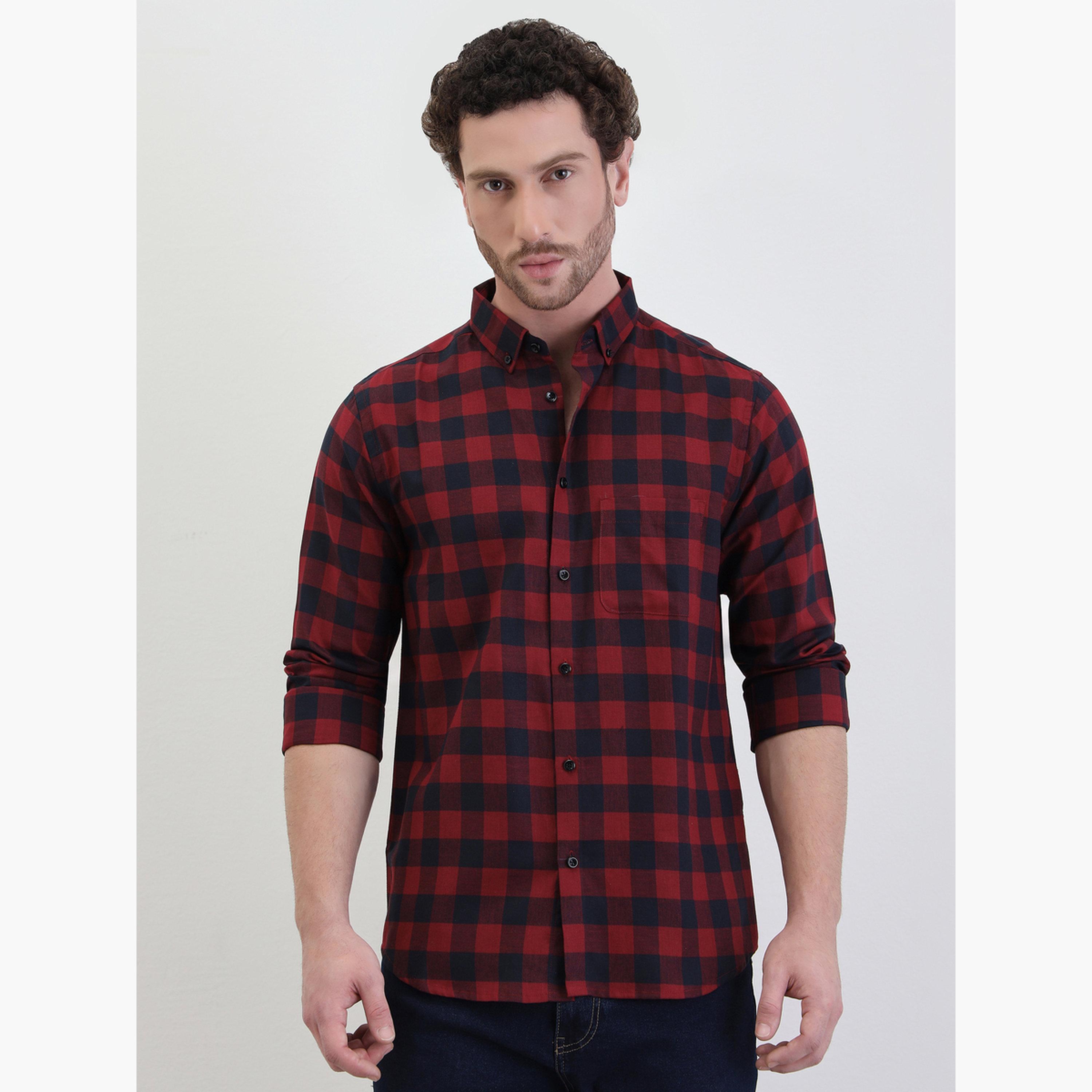 ستايلي - قميص أحمر منقوش بياقة واسعة للرجال-men-clothing-shirts-image-1