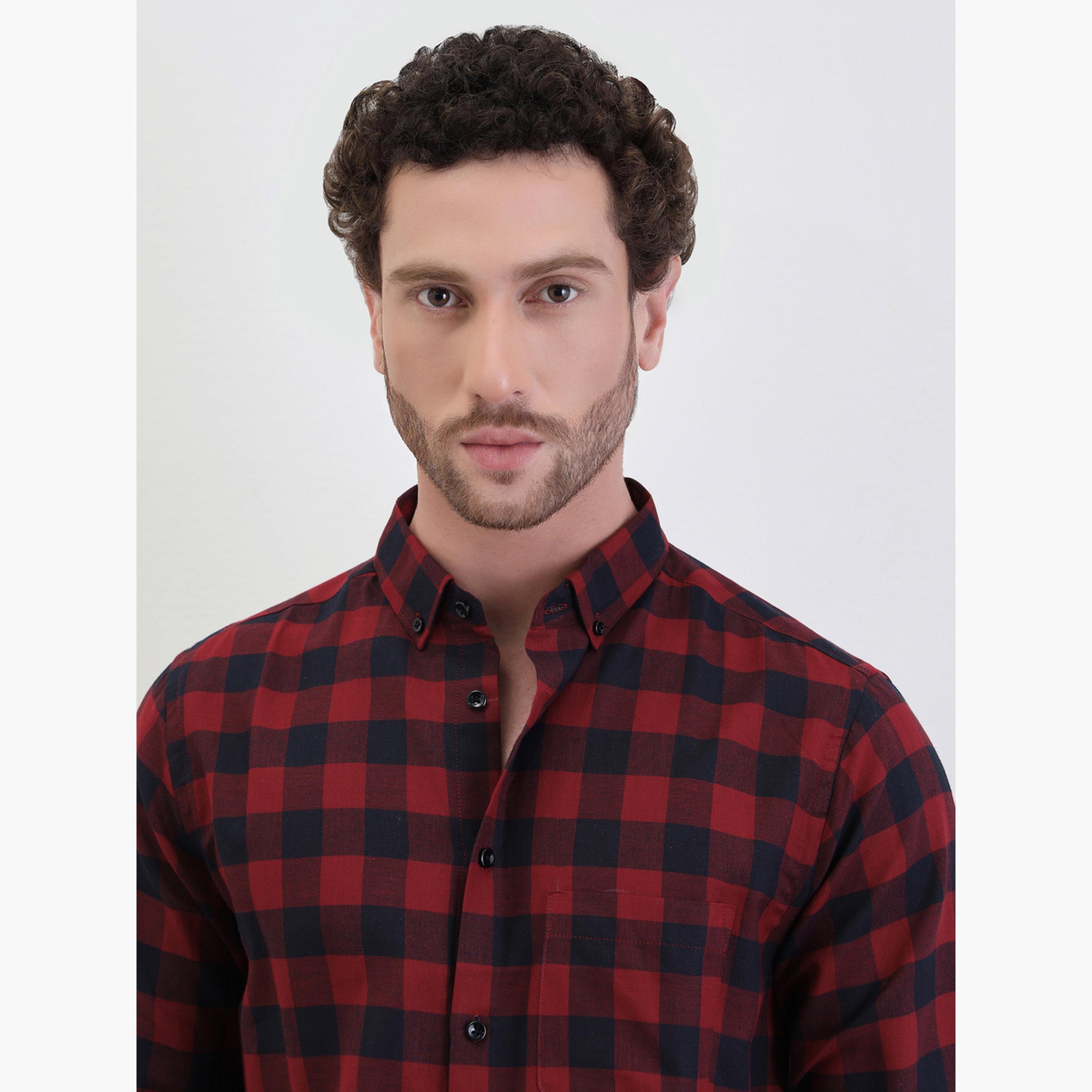 Styli Men Red Checked Spread Collar Shirt-men-clothing-shirts-image-3