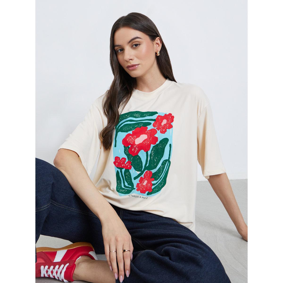 Styli Beige Floral Graphic Oversized T-Shirt-women-clothing-tshirts-image-1