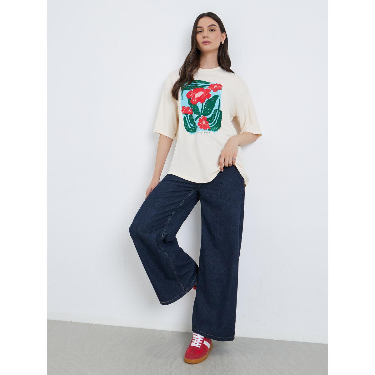 Styli Beige Floral Graphic Oversized T-Shirt-women-clothing-tshirts-image-2