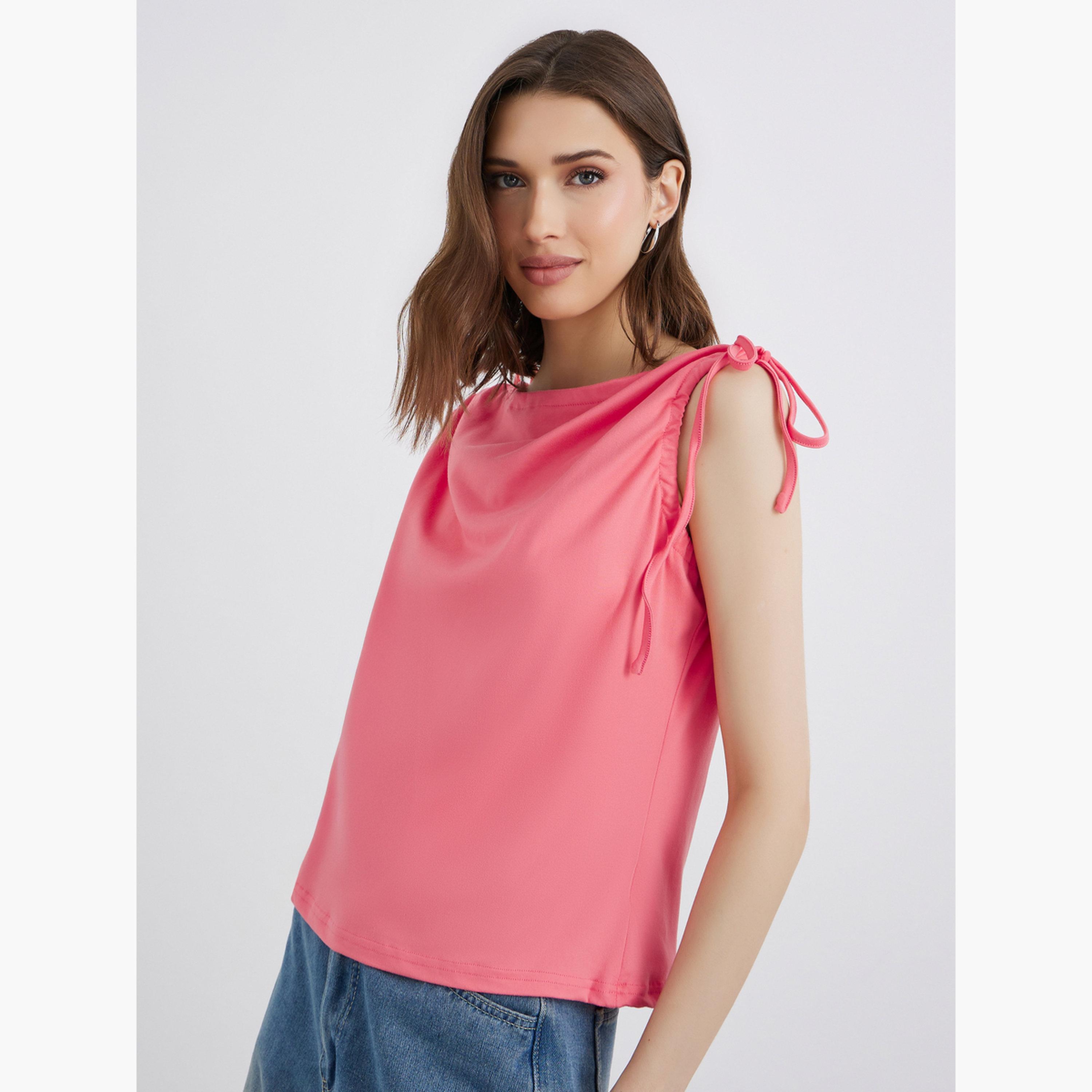 ستايلي - بلوزة وردية بدون أكمام مع ربطة على الكتف-women-clothing-shirtsandblouses-shirts-image-3