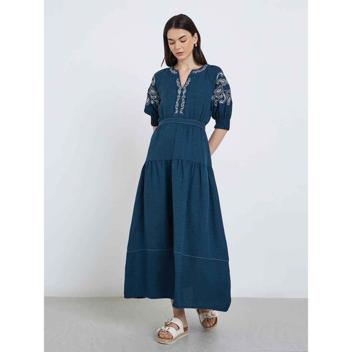 Styli Embroidered Puff Sleeve Tiered Midi Dress-women-clothing-dresses-image-1