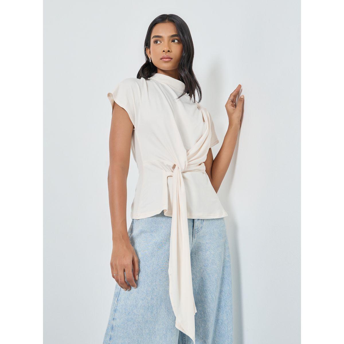 Styli Solid High Neck Knitted Top with Tie Detail-women-clothing-tshirts-image-1
