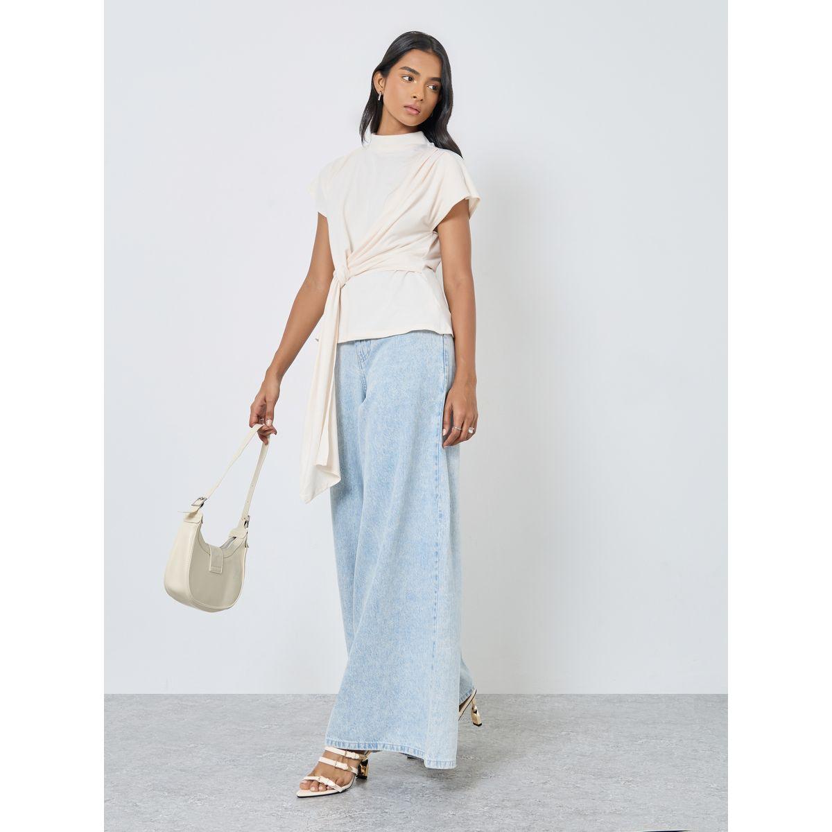 Styli Solid High Neck Knitted Top with Tie Detail-women-clothing-tshirts-image-2