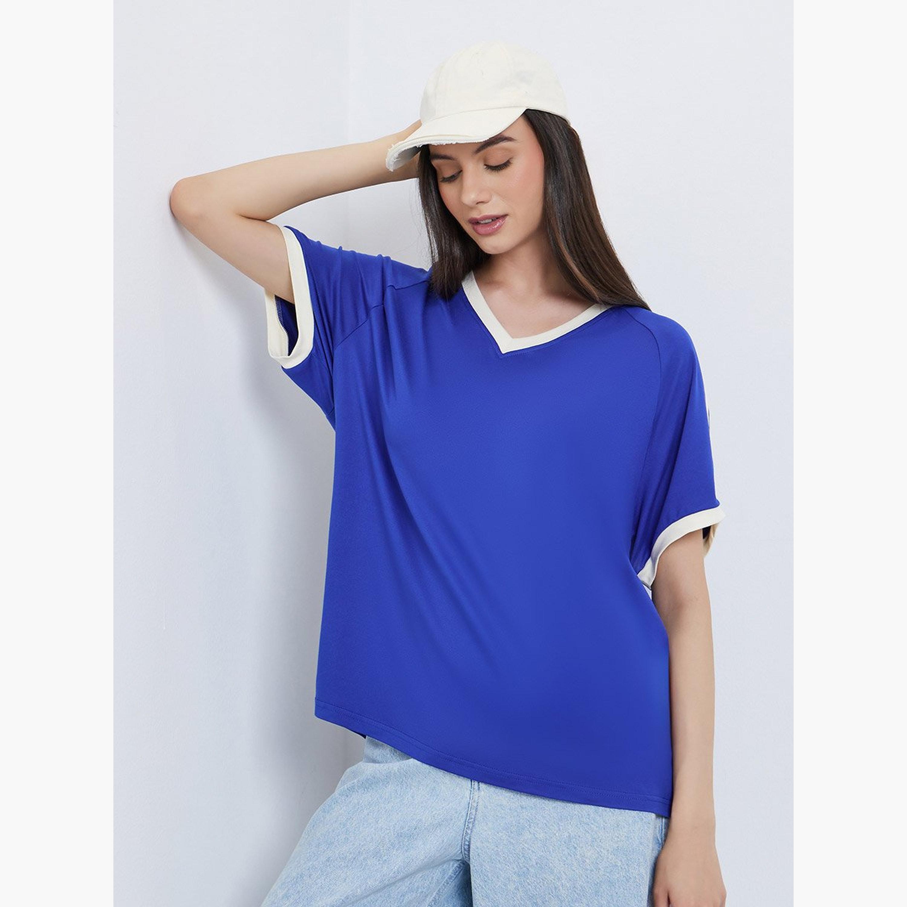 Take Two Navy Blue Oversized V-Neck T-Shirt-women-clothing-tshirts-image-1