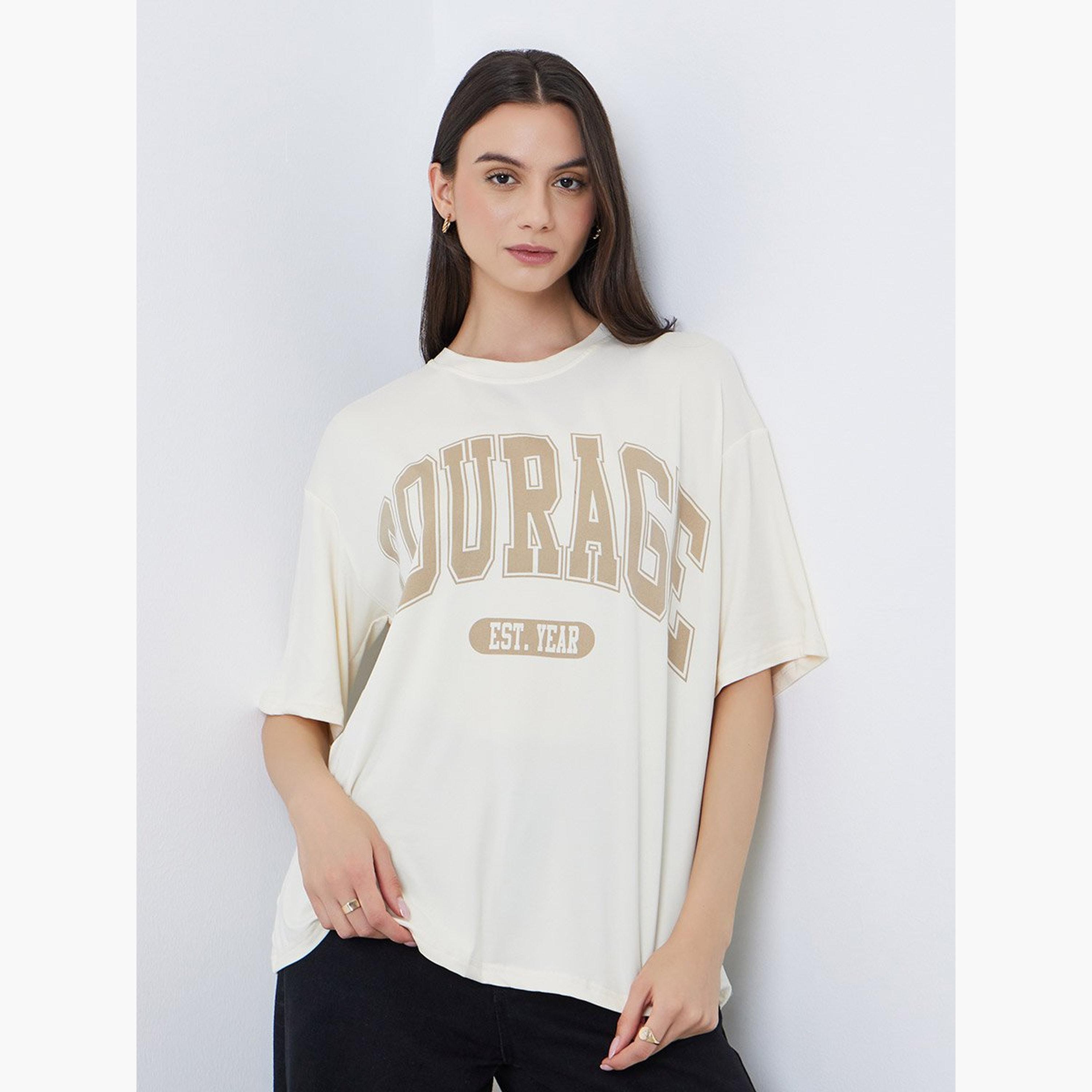 Take Two Beige Slogan Oversized T-Shirt-women-clothing-tshirts-image-1