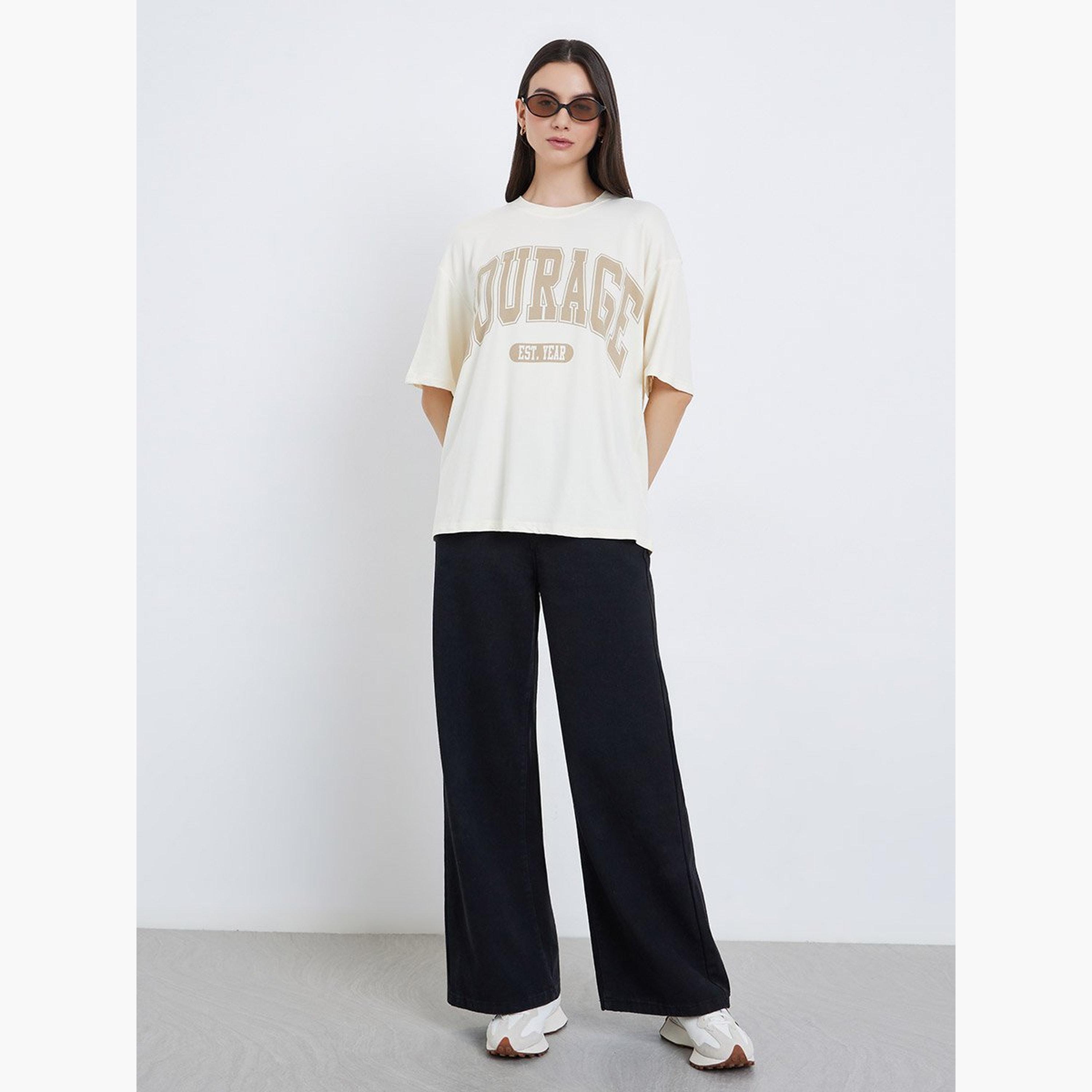 Take Two Beige Slogan Oversized T-Shirt-women-clothing-tshirts-image-2