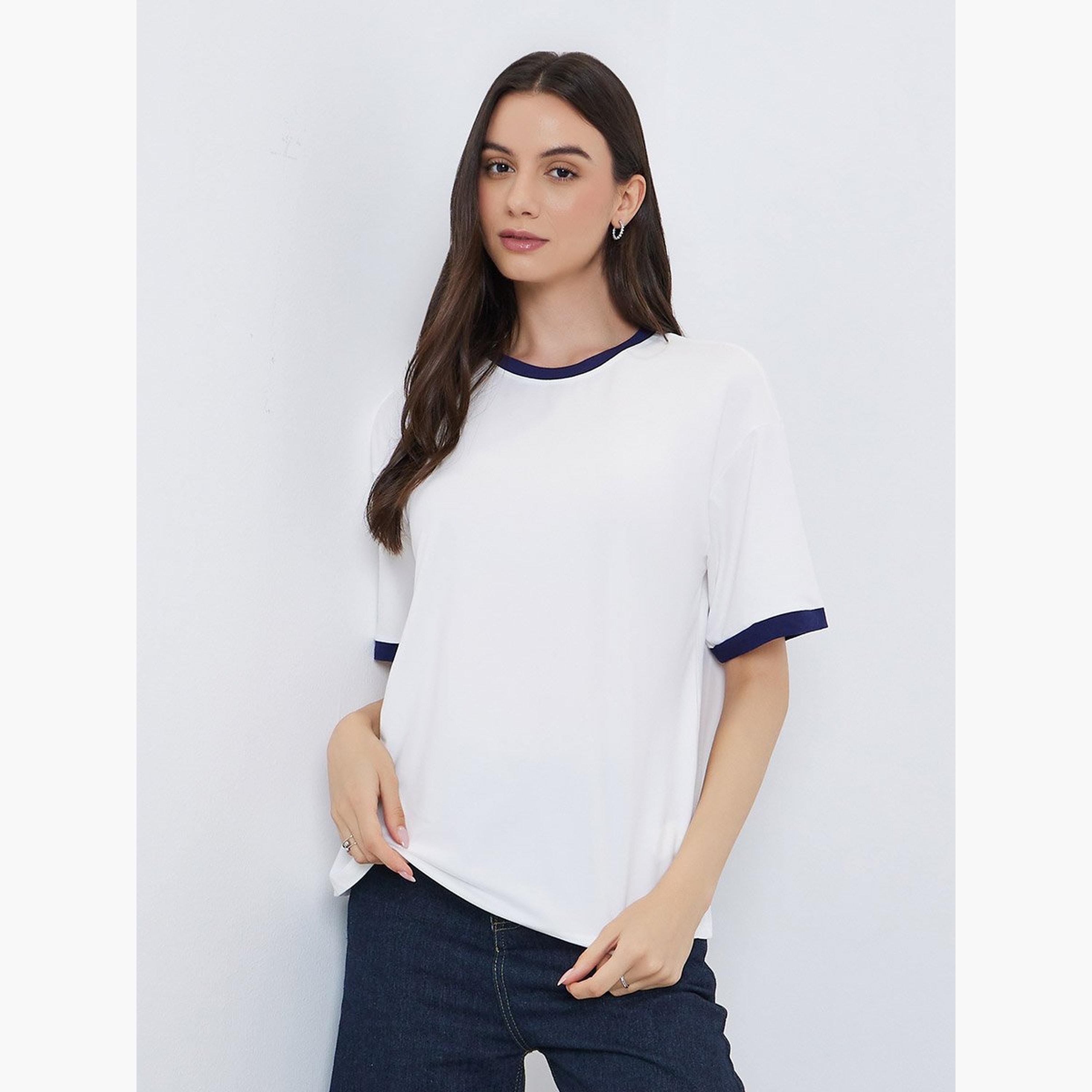 تيك تو - تي شيرت مقاس كبير بأكمام قصيرة وحواف متباينة-women-clothing-tshirts-image-1