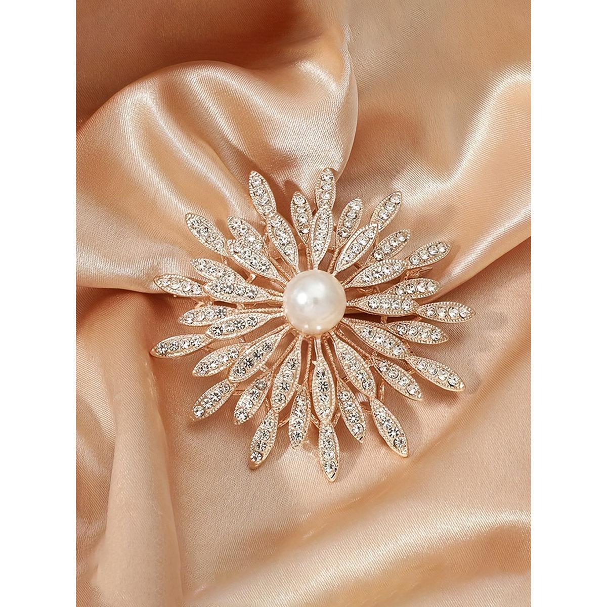 Take Two Rhinestone Flower with Faux Pearl Detail Brooch-women-watchesandjewellery-jewellery-brooches-image-1