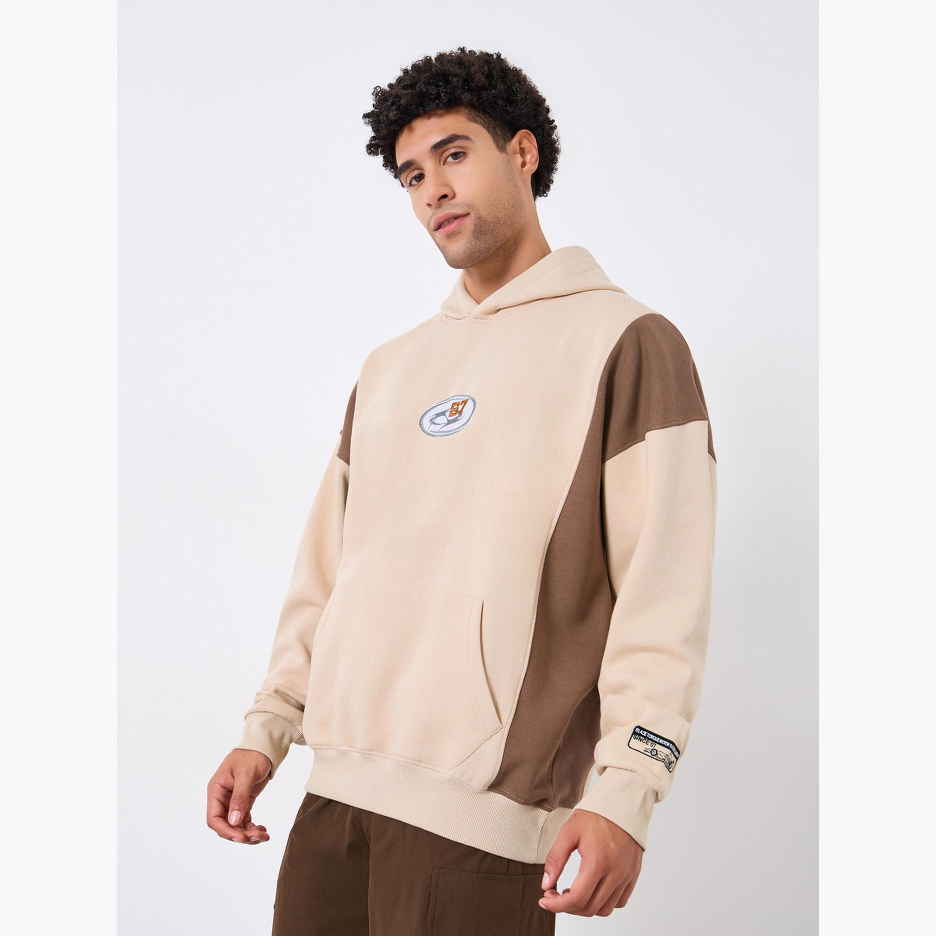 Styli Men Beige Embroidered Panel Hoodie-men-winterwear-hoodiesandsweatshirts-image-1