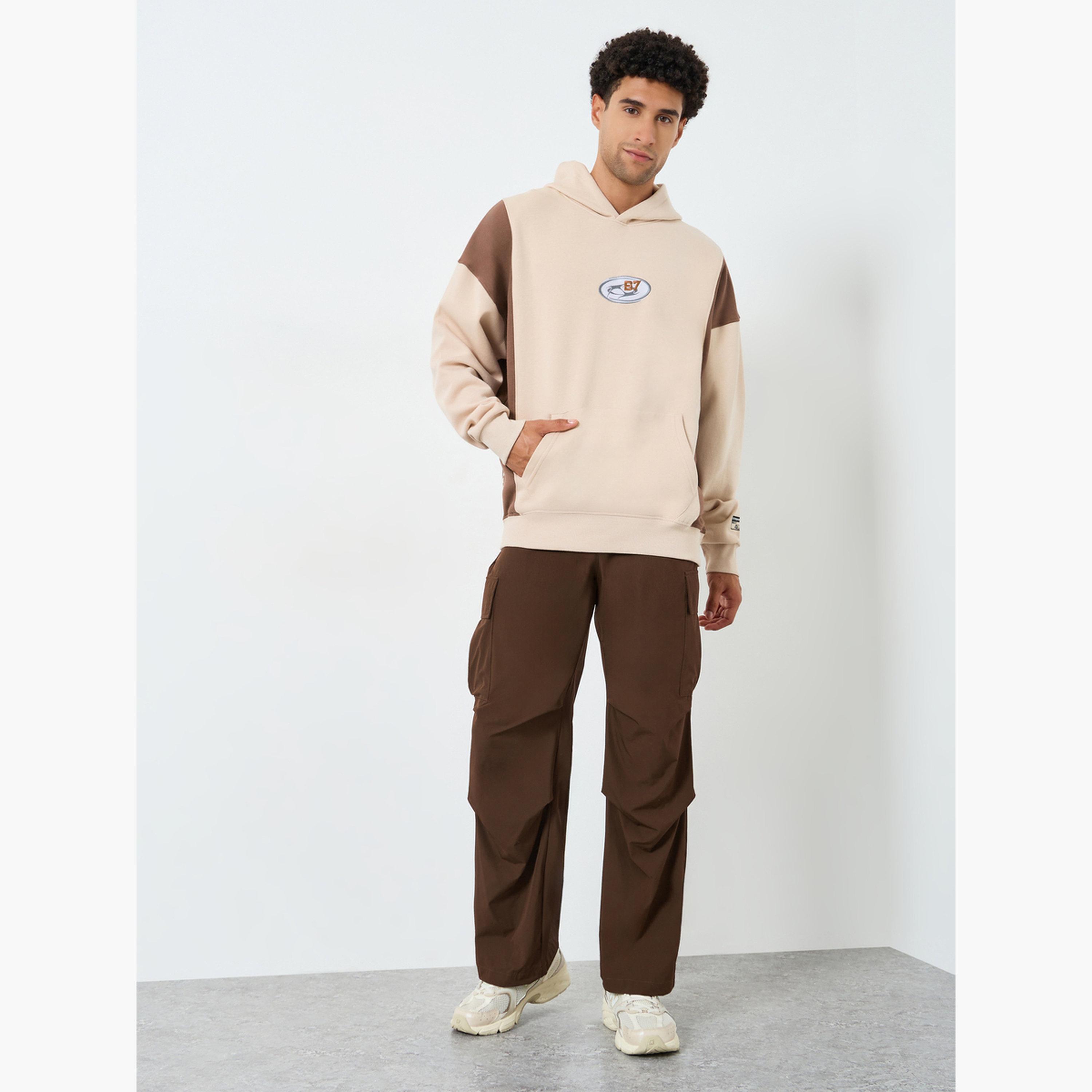 Styli Men Beige Embroidered Panel Hoodie-men-winterwear-hoodiesandsweatshirts-image-3