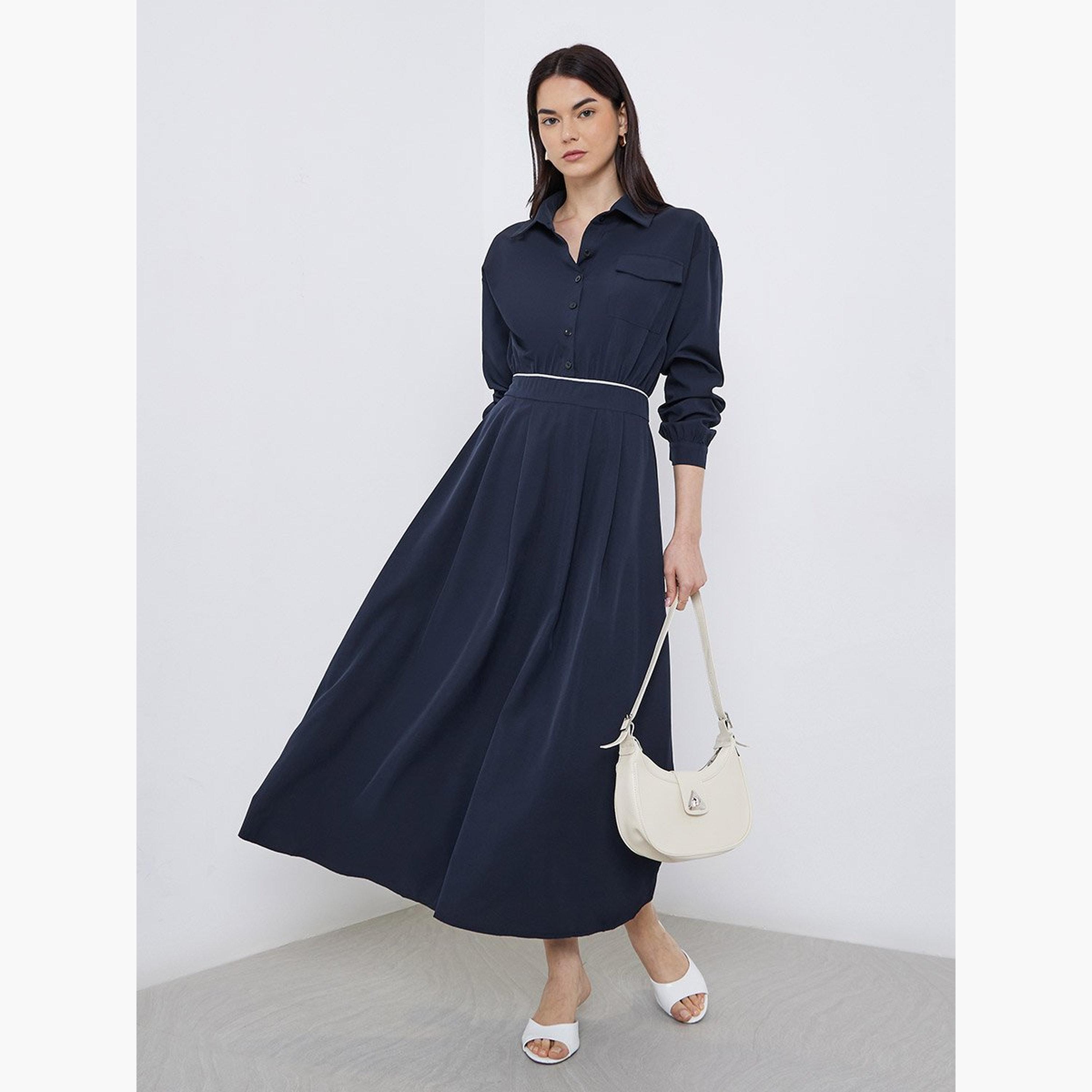 Take Two Solid Collared Shirt A-Line Midi Dress-women-clothing-dresses-image-1