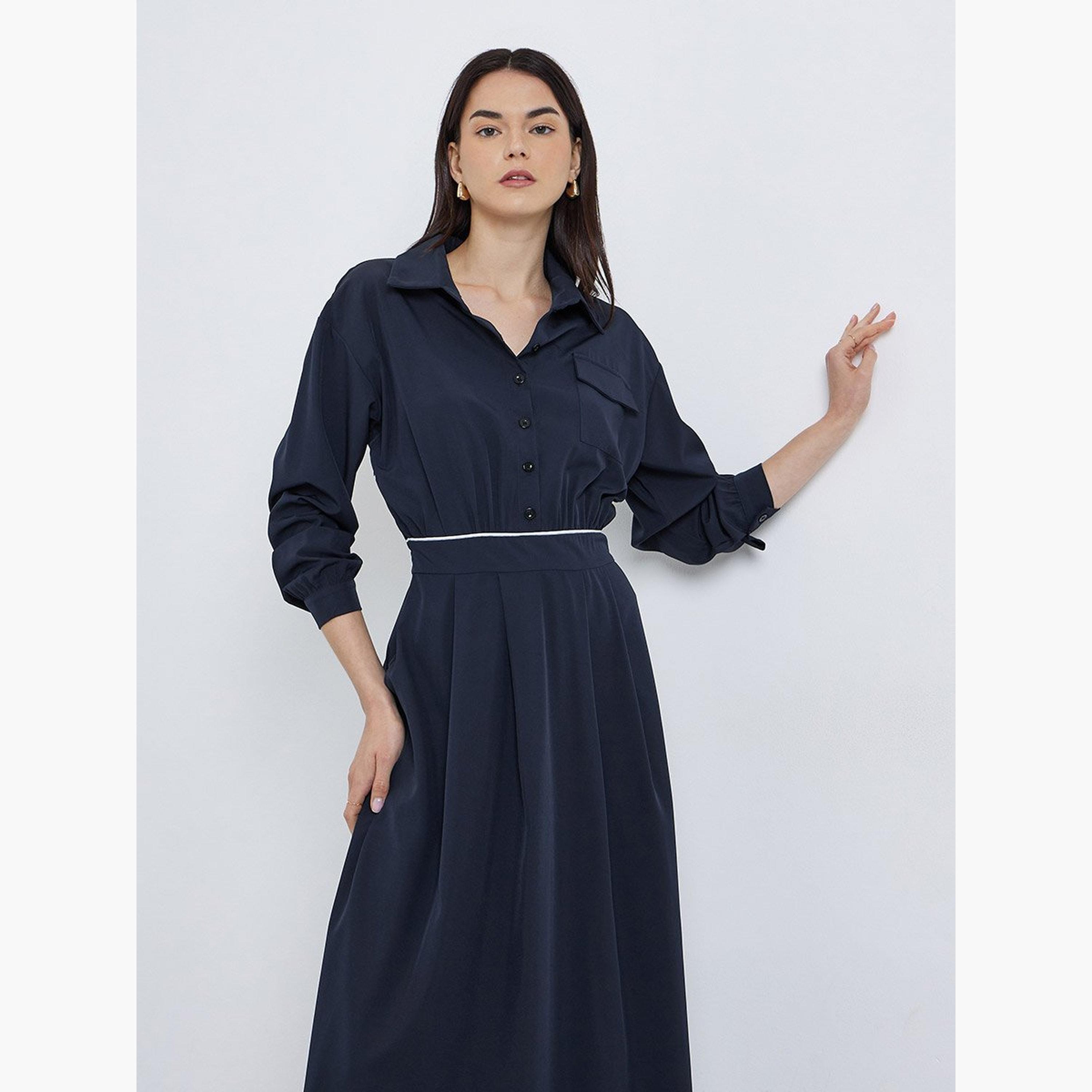 Take Two Solid Collared Shirt A-Line Midi Dress-women-clothing-dresses-image-2